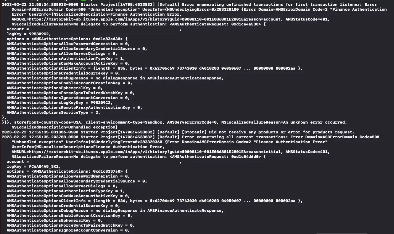 A screenshot of the error that XCode prints.