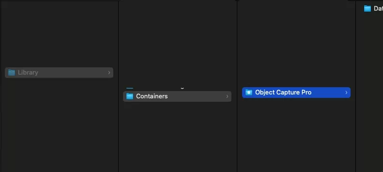 A screenshot of the Finder showing the Object Capture Pro folder within Library > Containers.