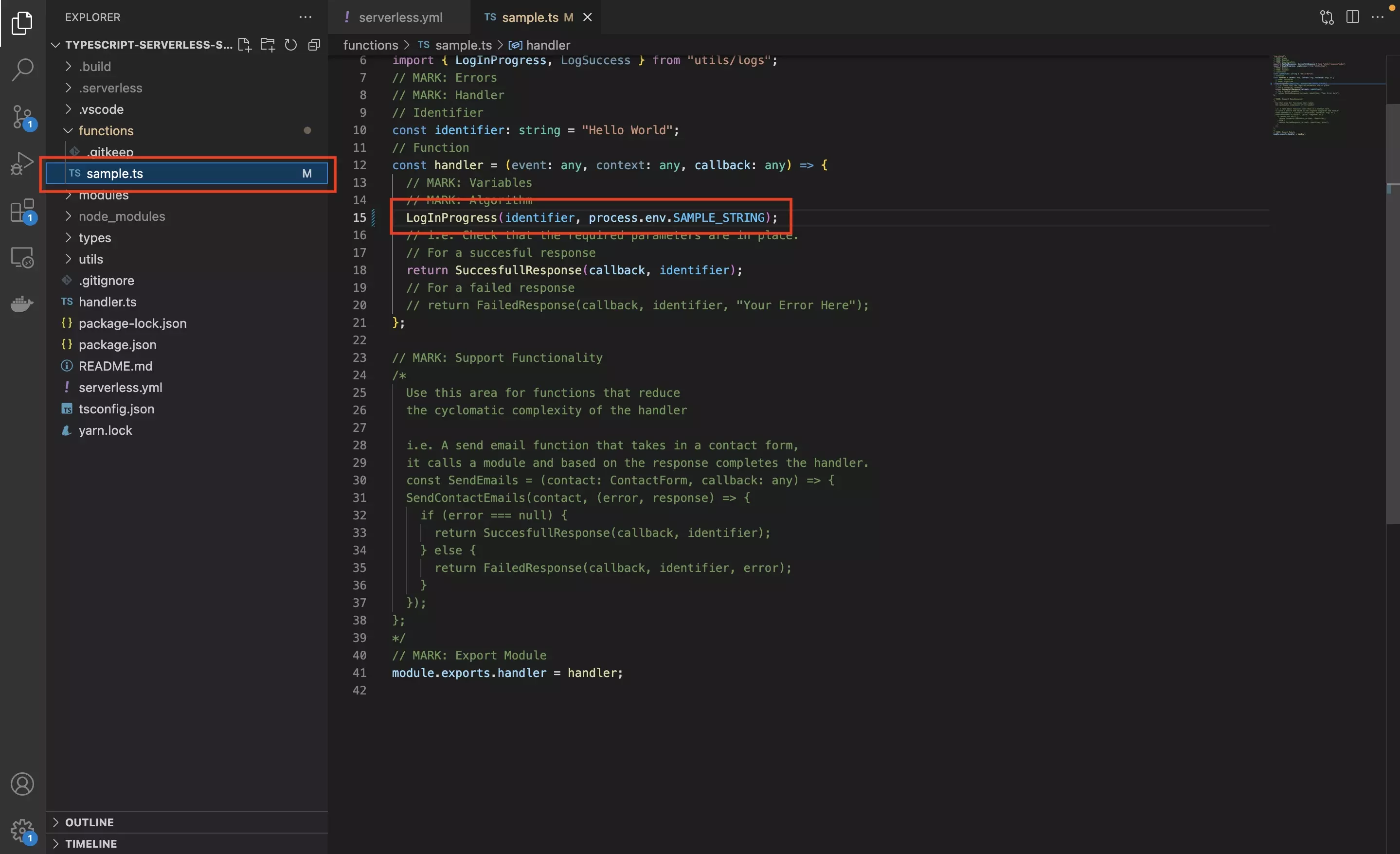 A screenshot of VSCode showing you how to use an environment variable in a serverless function.