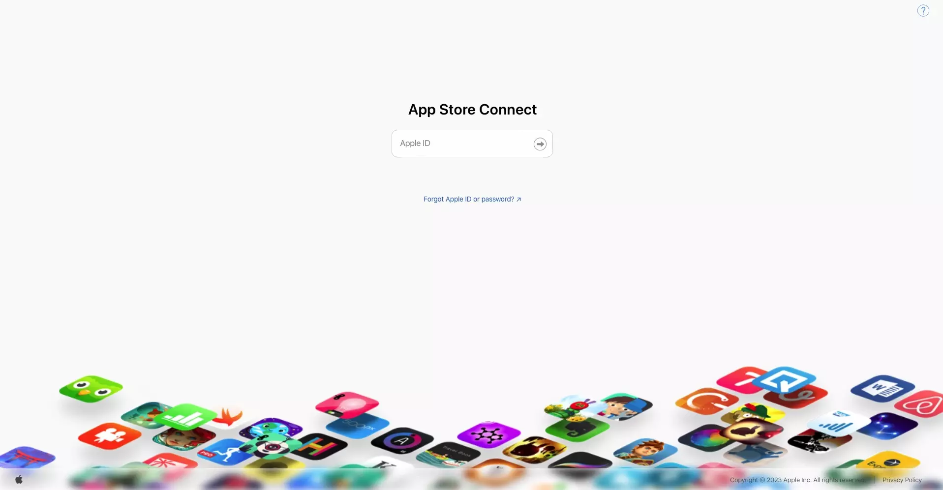 A screenshot of the App Store Connect Login page.