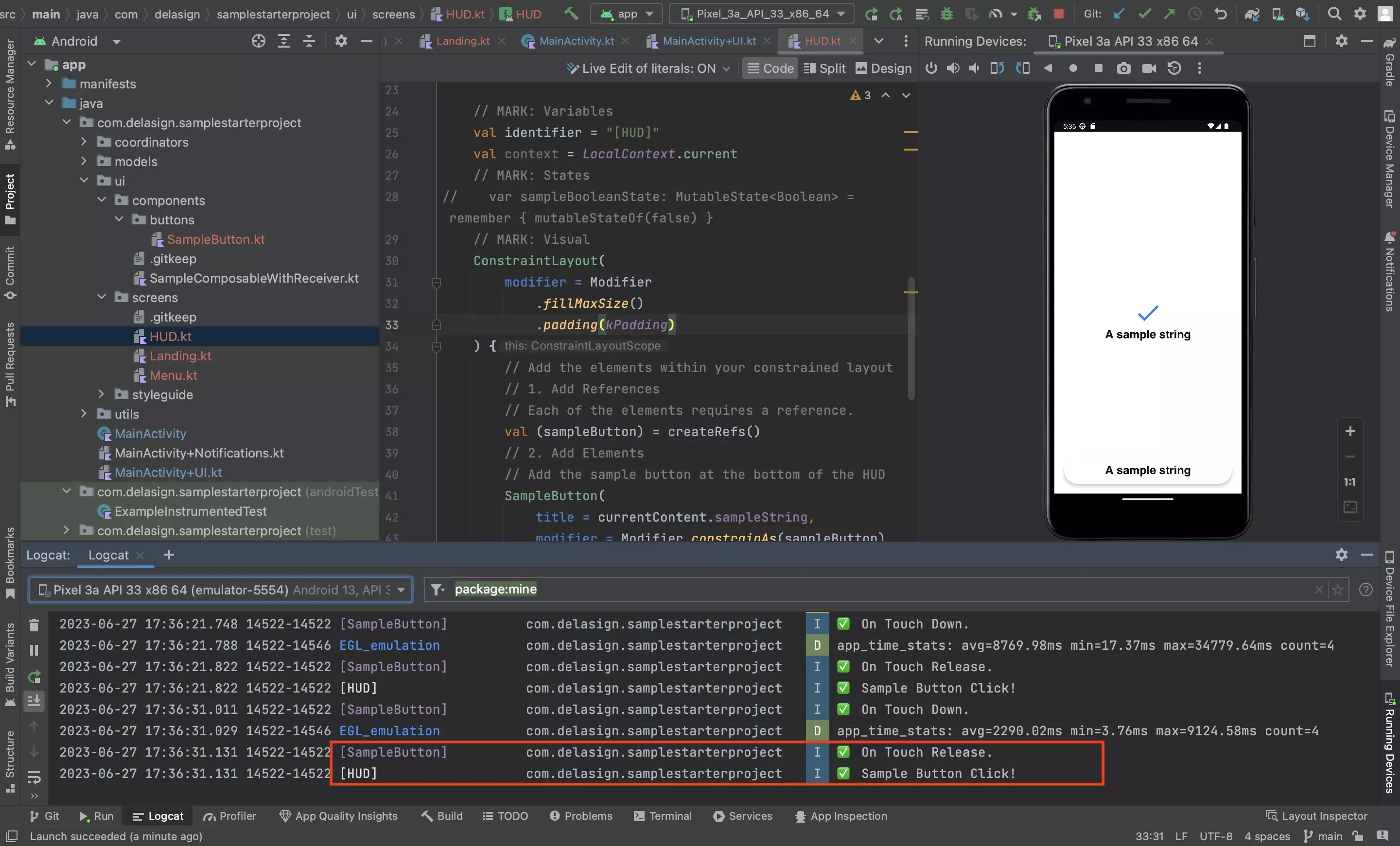 A screenshot of Android Studio showing the button on the app in the simulator. Highlighted are the bottom are the logs that appear when you press the button.
