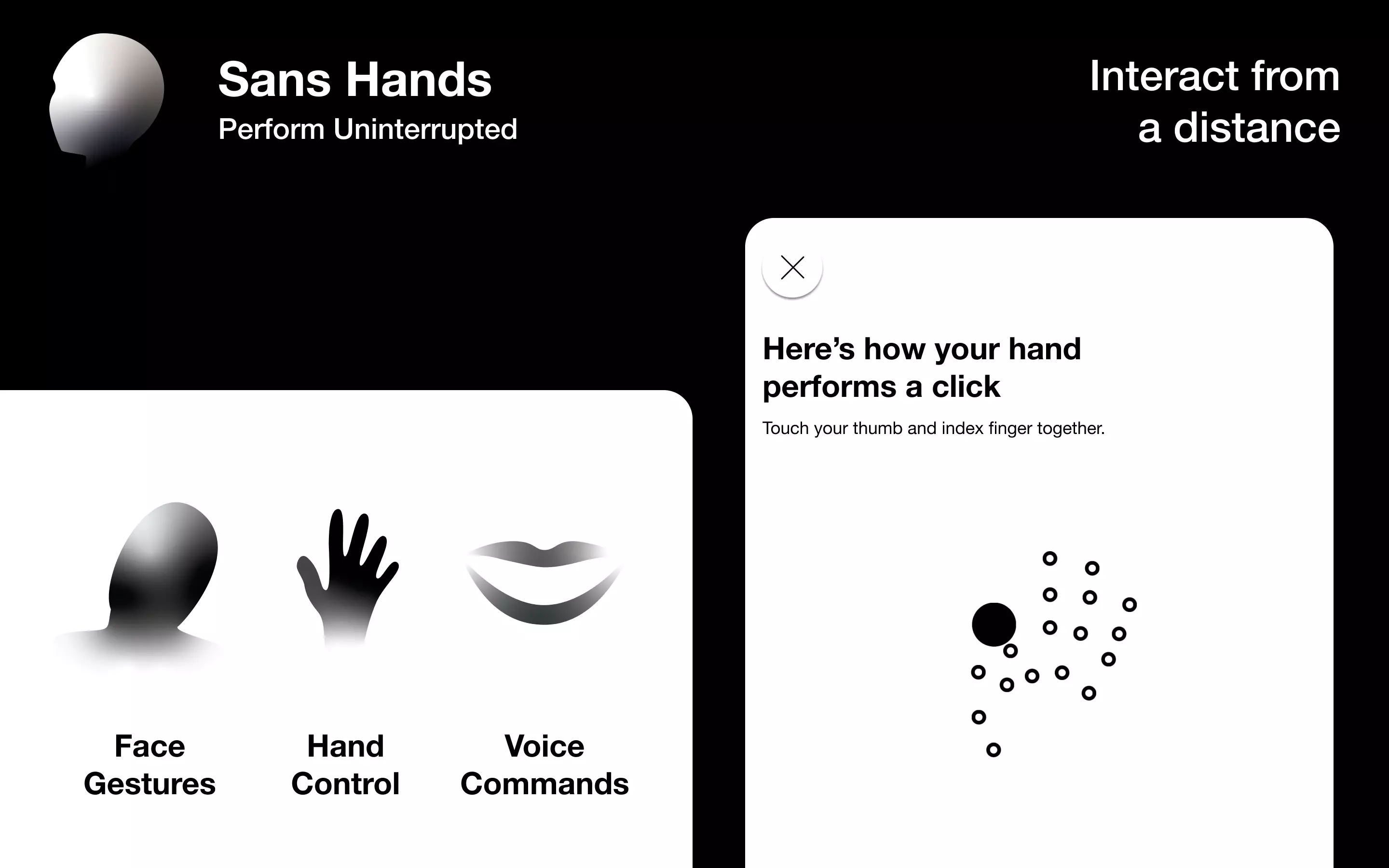 Sans Hands can be used with face gestures, hand control or voice commands.