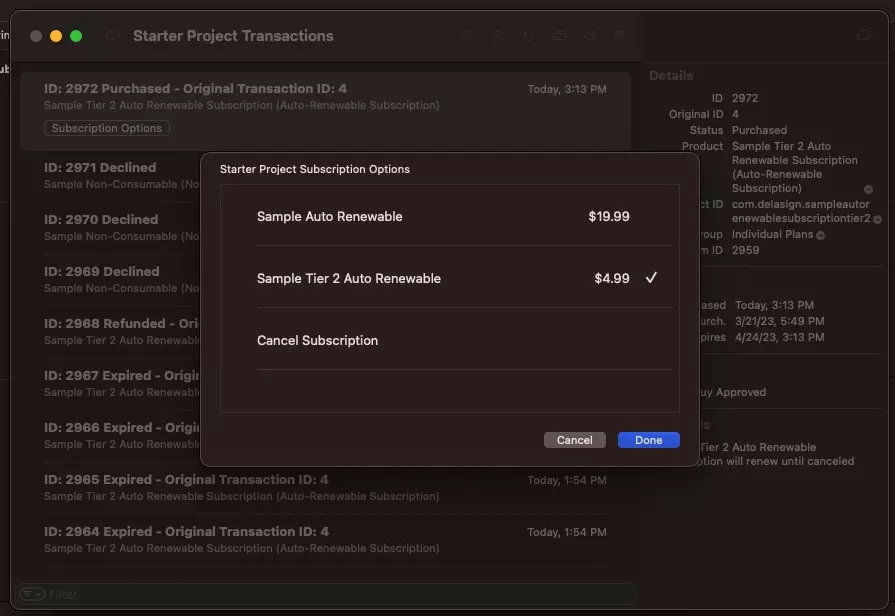 A screenshot of the Xcode StoreKit Transaction Manager with the subscriptions open for a sample auto-renewable subscription. You can use this window to simulate changes to a subscription and press "Done" on the bottom right to confirm the changes. Only after pressing done will the changes take effect.