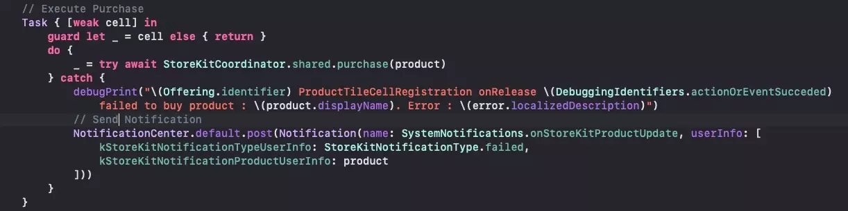 A screenshot of Xcode showing the code that's required to make a purchase. The snippet is available below.