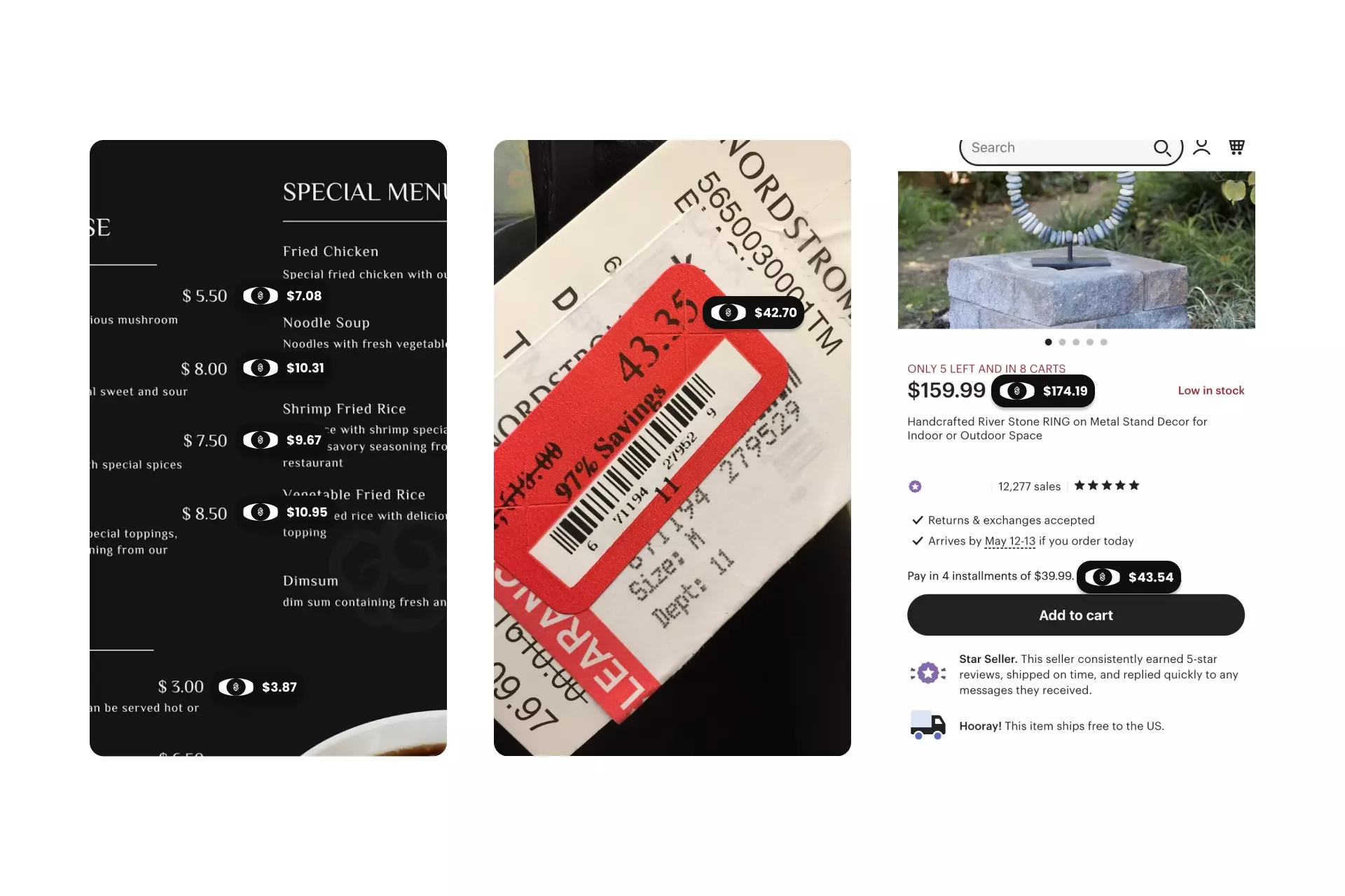 A visual showing three examples of how Price After works. The three examples show how it works with a menu, a clothing price tag and an e-commerce website. All three examples show how a marked price visual appears next to the prices with added tip and sales tax.