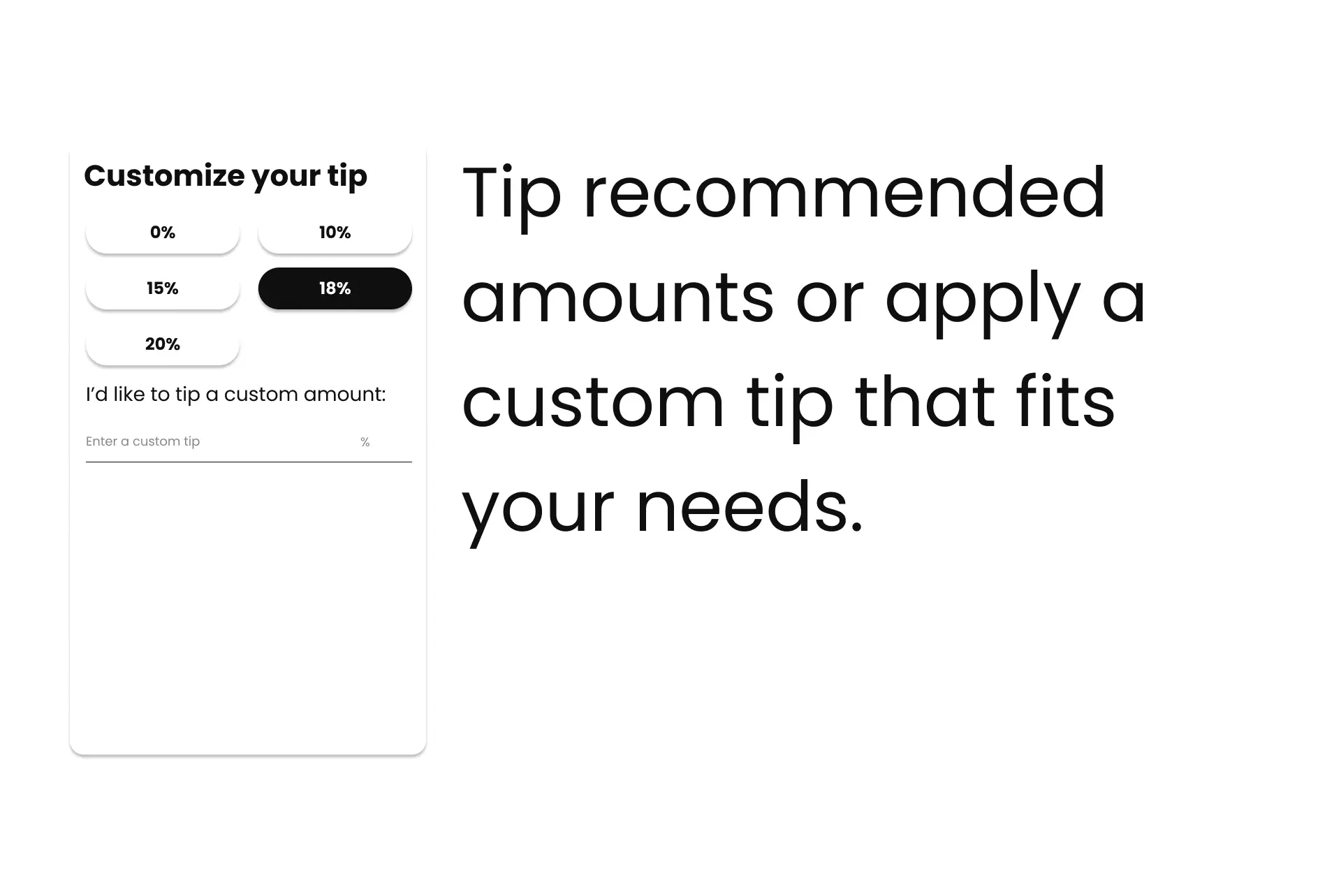 A graphic showing the Price After tip selection screen, next to it sits the following text “Tip recommended amounts or apply a custom tip that fits your needs.”