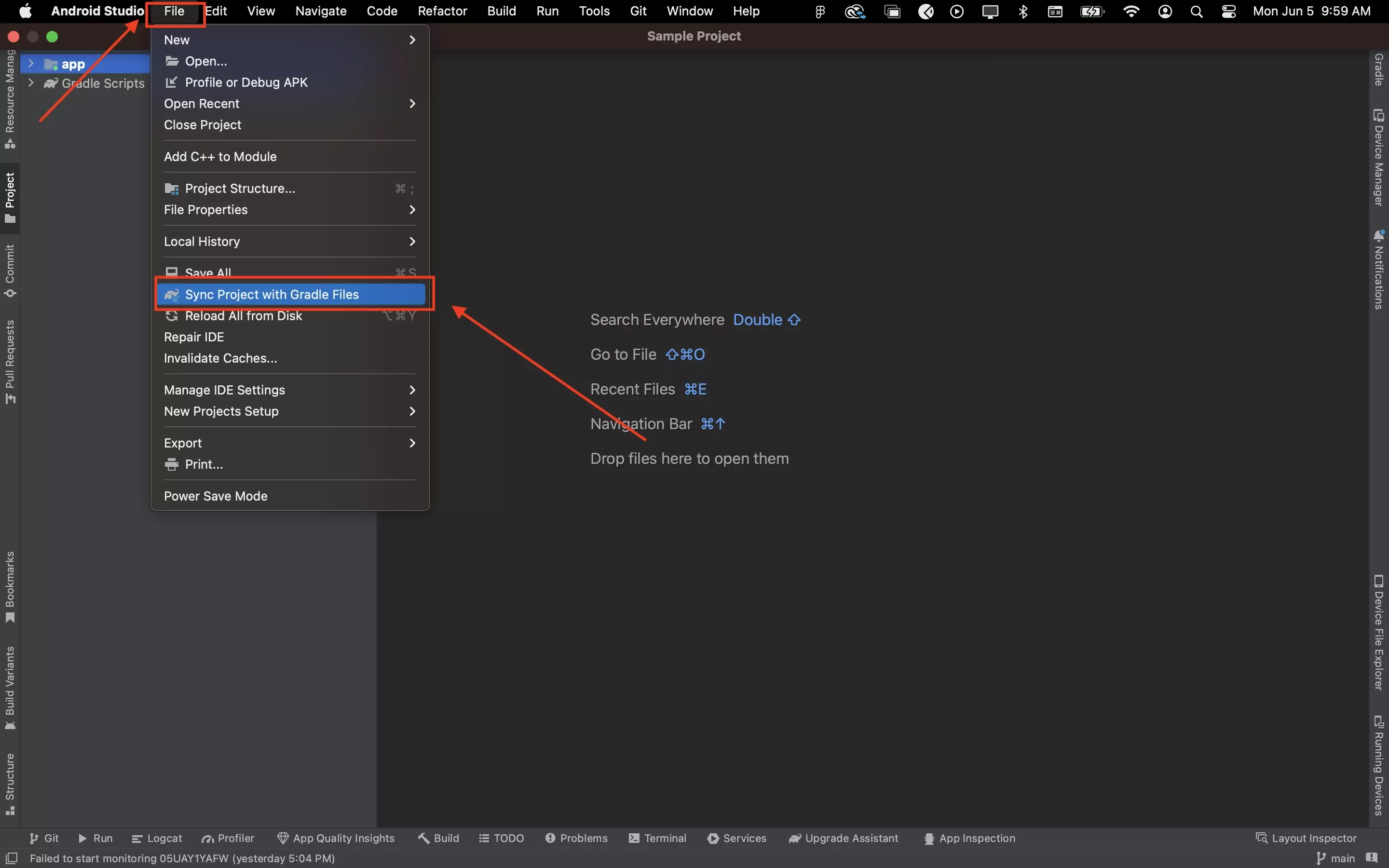 A screenshot of Android Studio show you how to sync the gradle files. Press File in the menu bar and in the options that appear select "Sync Project with Gradle Files."