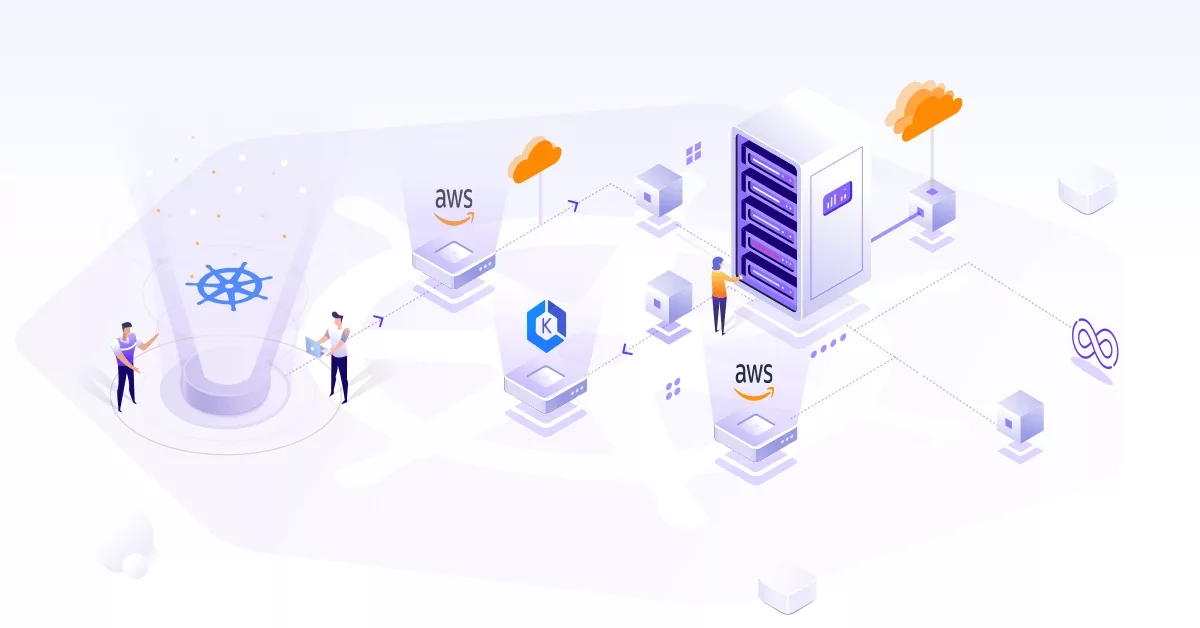 An illustration of microservices providers such as AWS and Kubernetes interacting with each other.