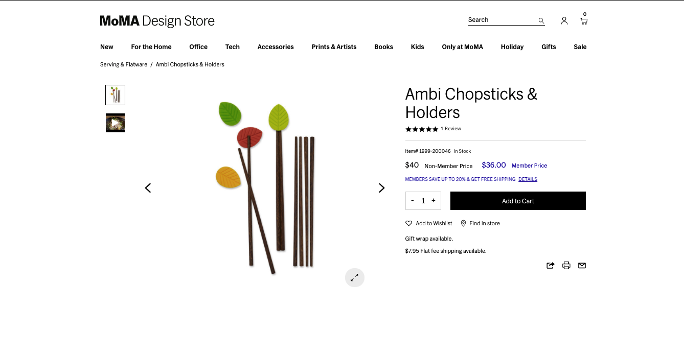 A screenshot of the Ambi Chopsticks and Holders on the MoMA Design Store website.