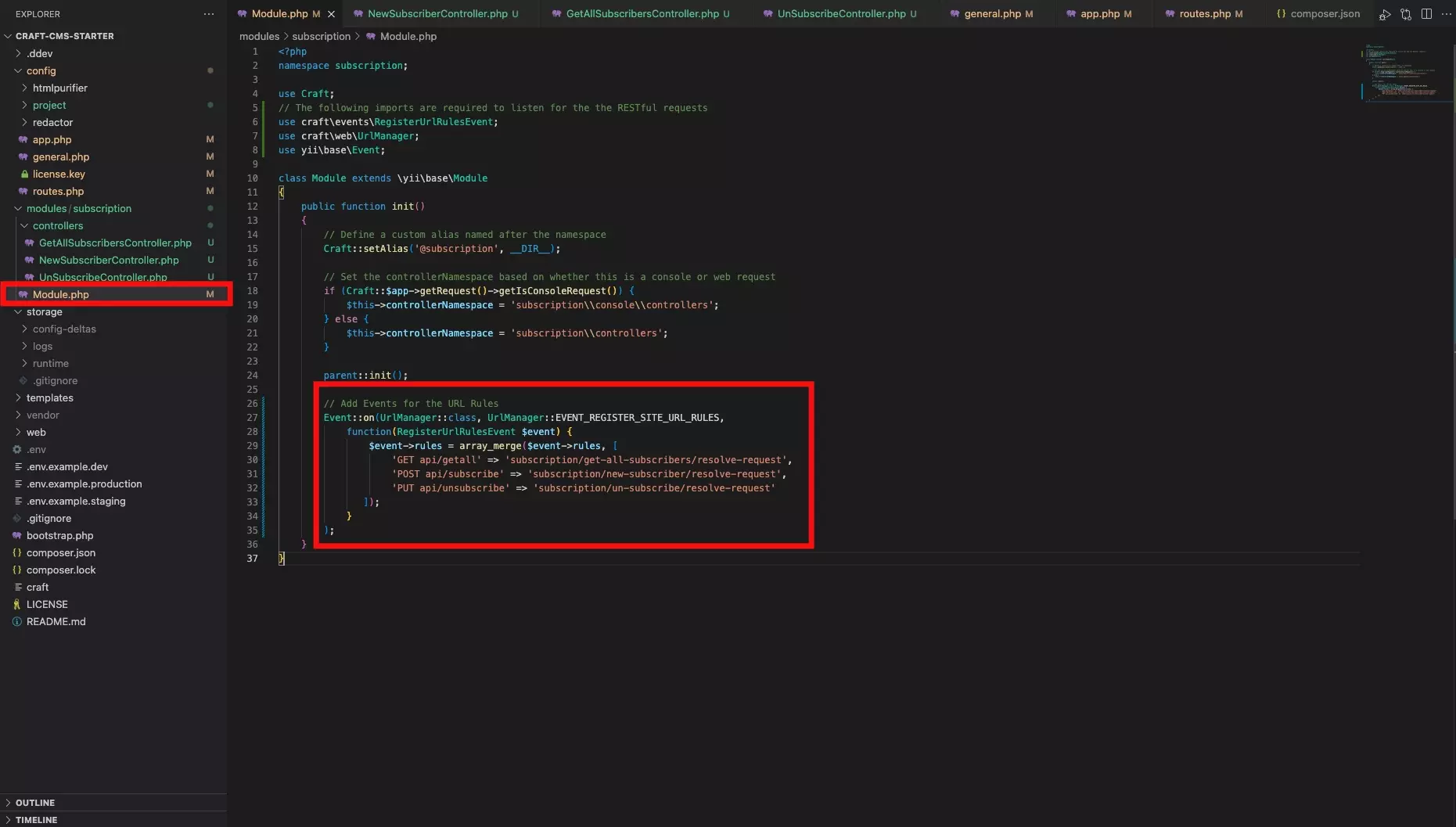 A screenshot of VSCode with the updated code for the Module.php with the URL Rules added to make sure it links up.