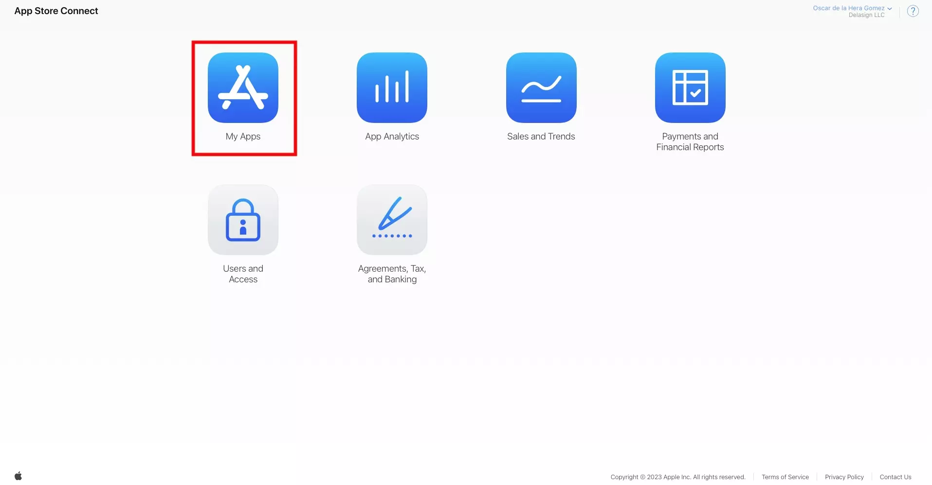 A screenshot of the App Store Connect landing page after logging in. Highlighted is the "My Apps" tile, select it and move onto the next step.