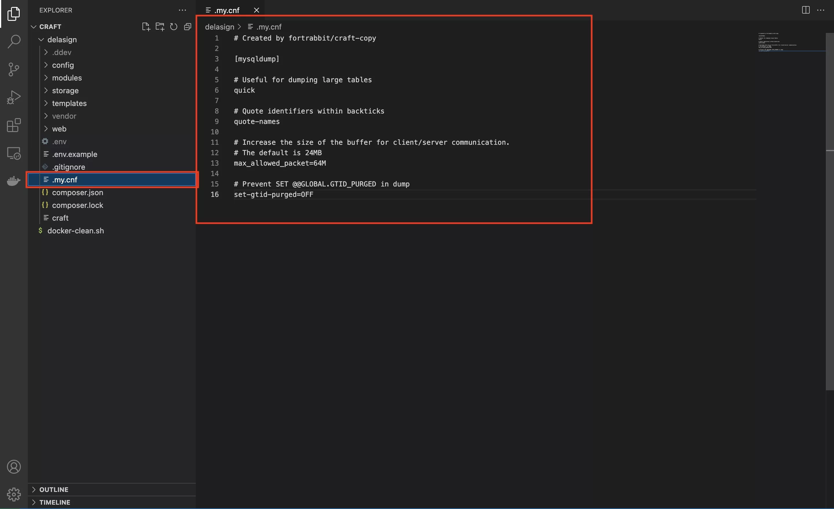 A screenshot of VSCode with the code for the .my.cnf provided by Fortrabbit.