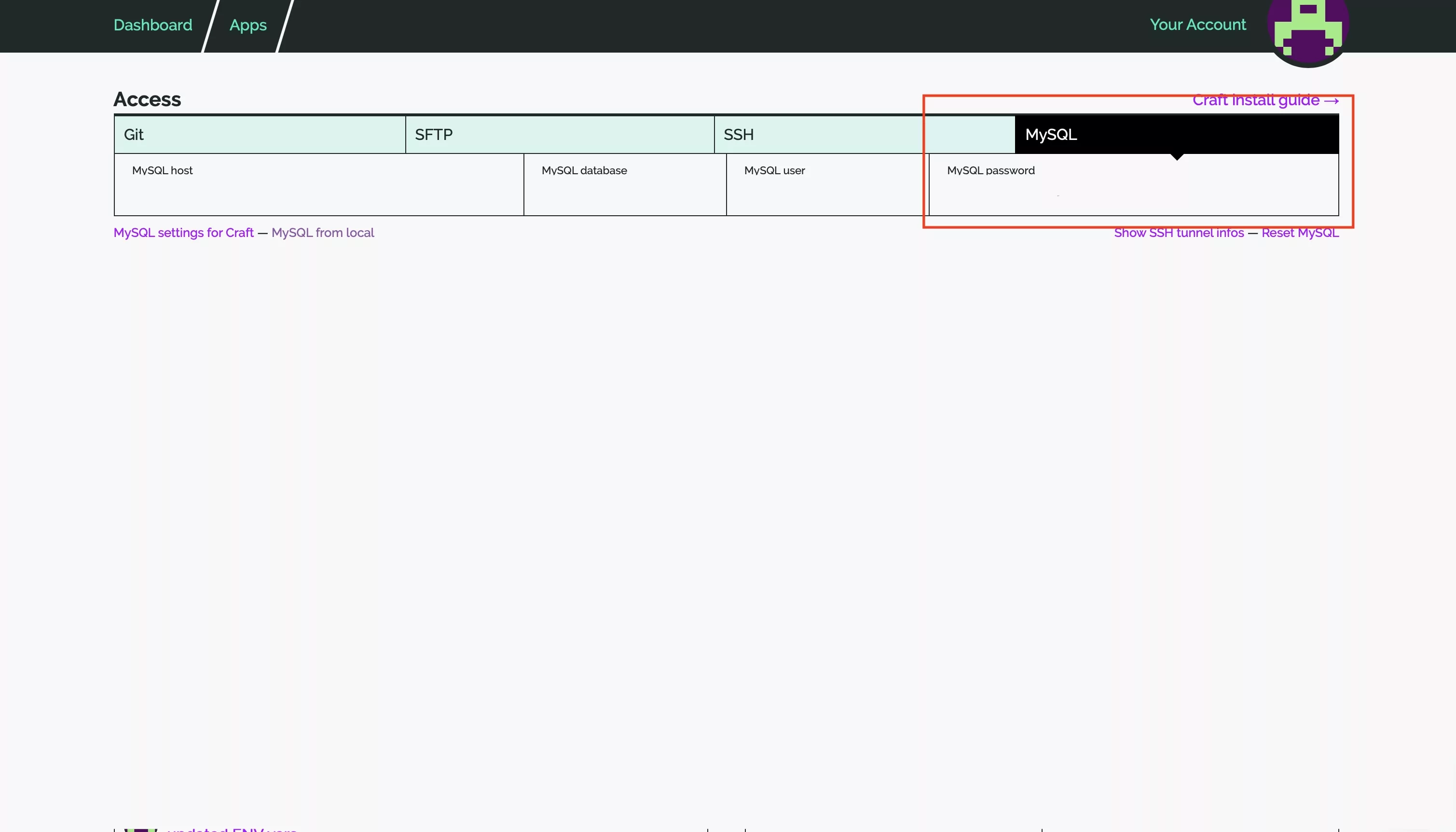 A screenshot of Fortrabbit showing where the MySQL password is found within an app.