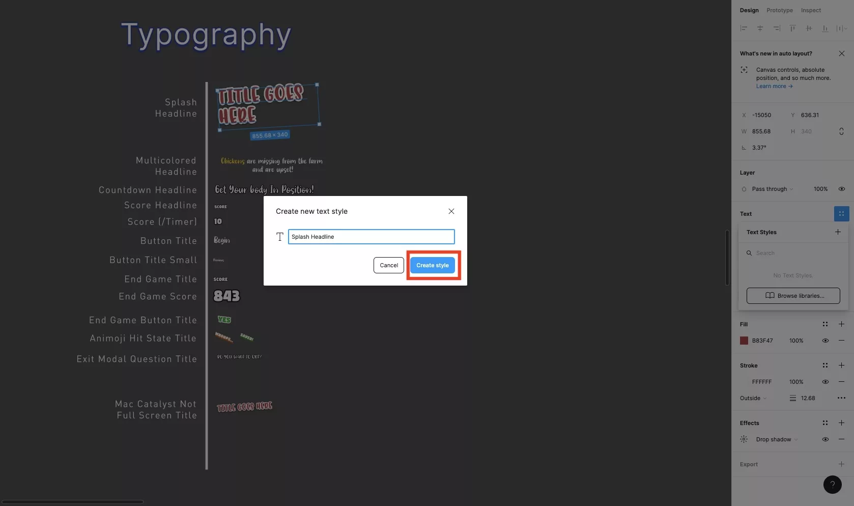 In the modal that appears, name the text style that you wish to create and when ready select 'create style'.