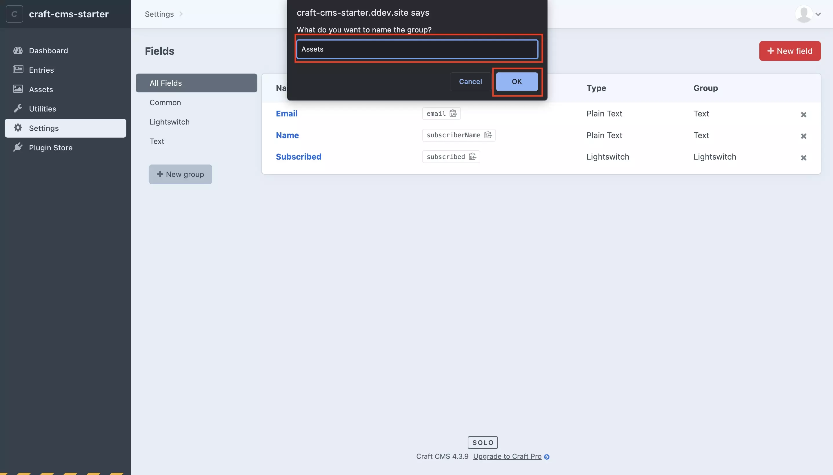 A screenshot of Craft CMS Fields page with the alert that appears when you press New Group prompting you to name and create the group. Put the group name (Assets) in the alert text input and press OK. Once you're done move onto the next step.