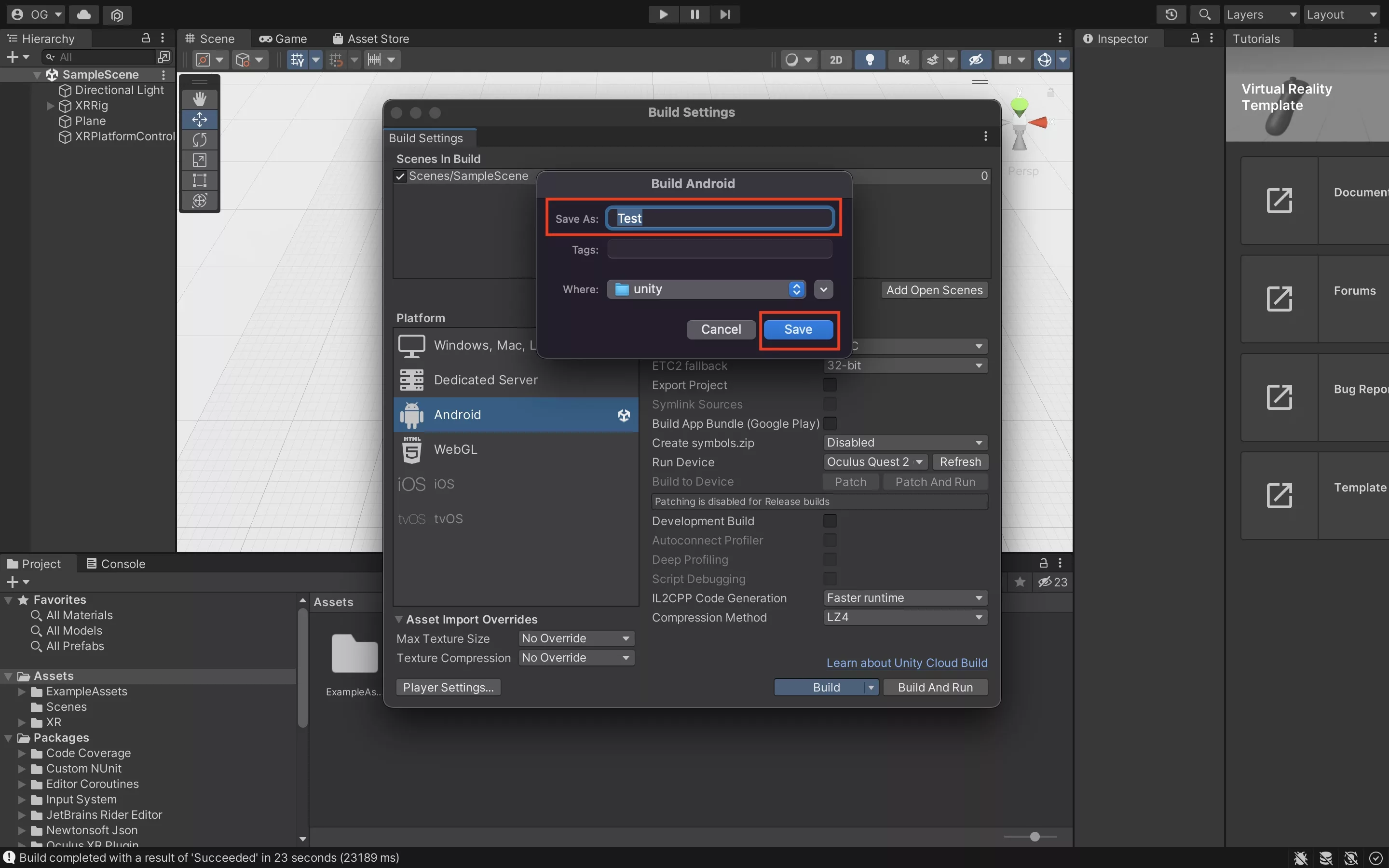 A screenshot of Unity showing you how to name your project and where to press save to save your apk.