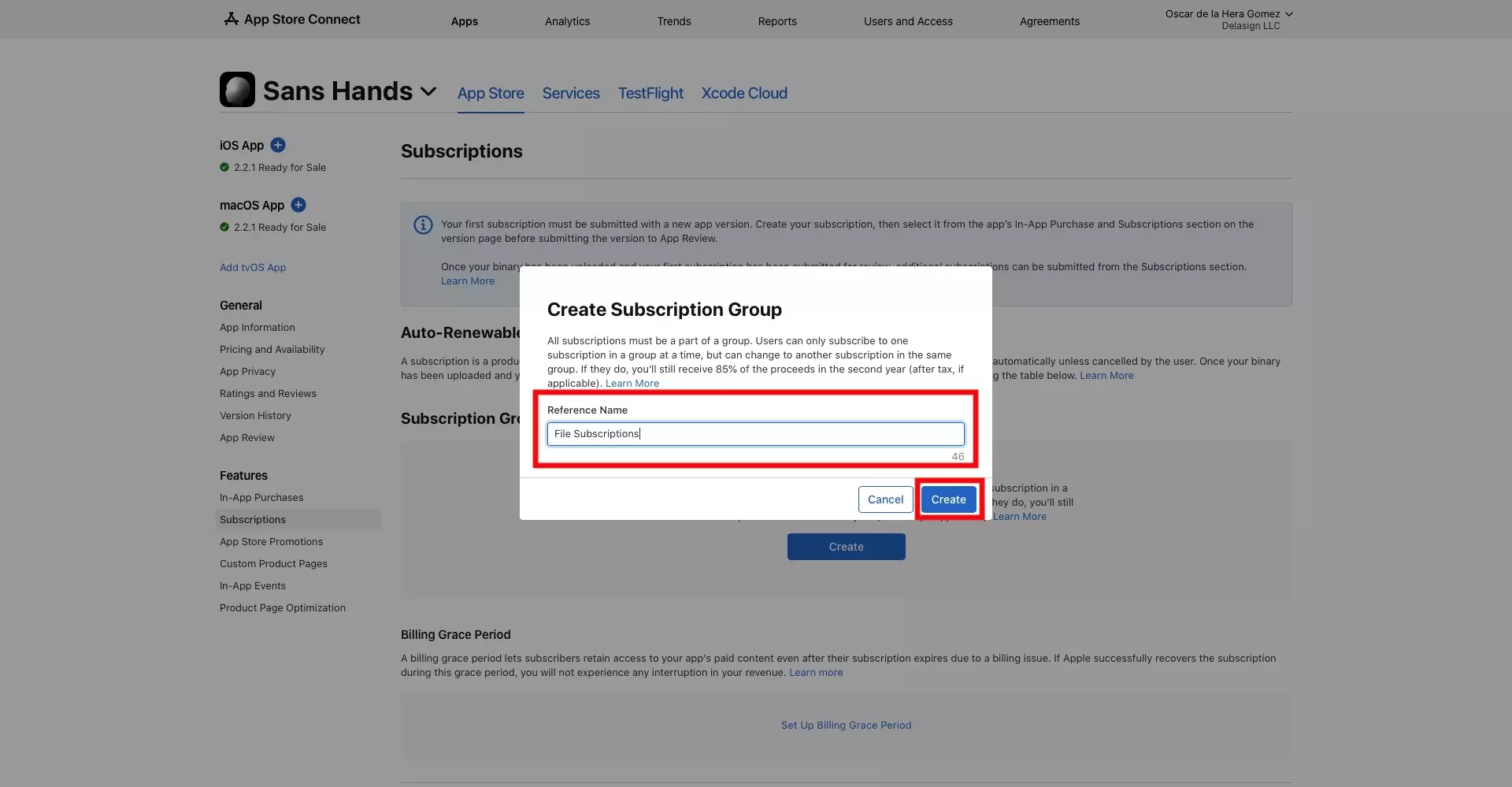 A screenshot of the Create Subscription Group Modal with a highlight on the details you must fill in and the Create button on the bottom left.