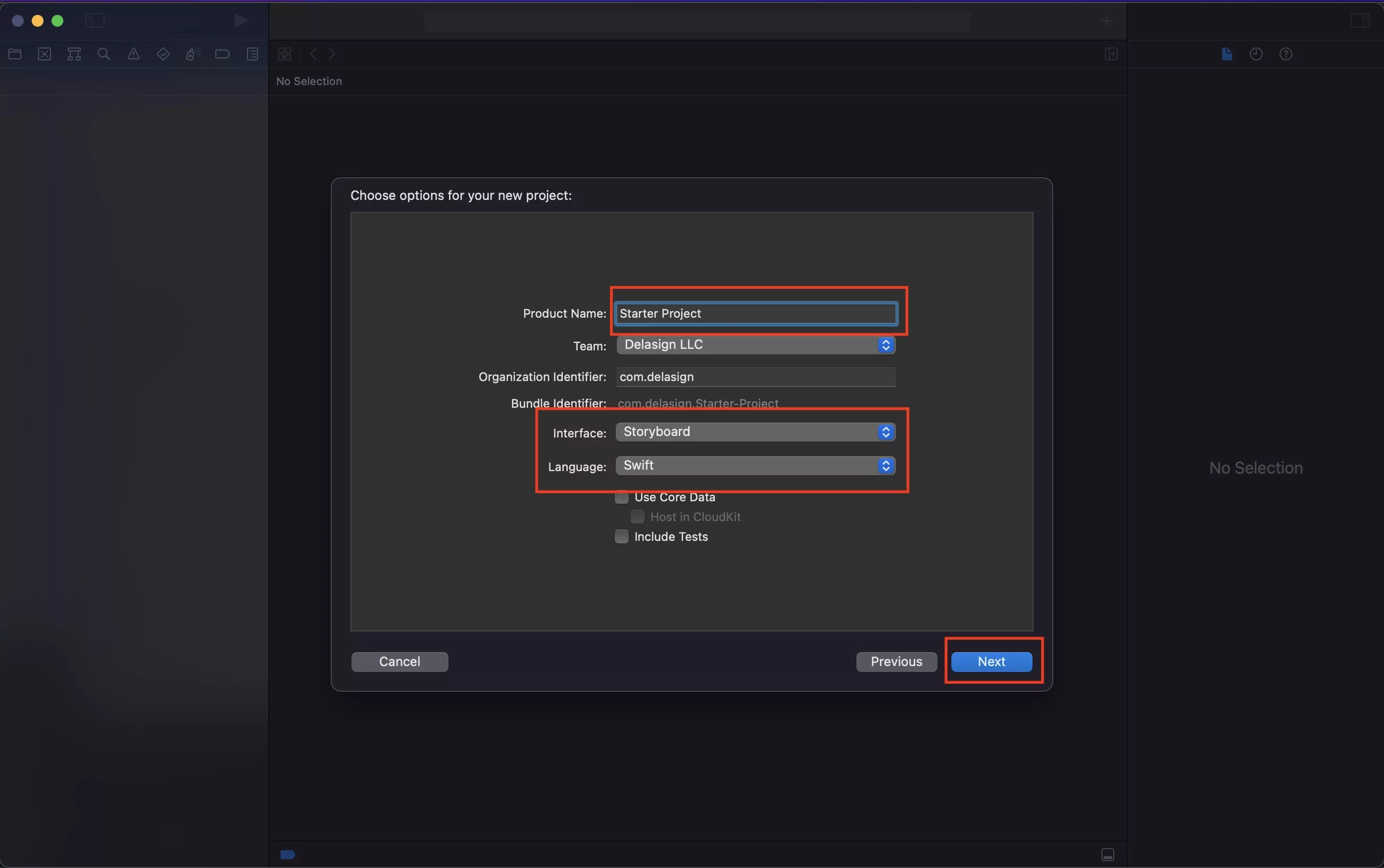 An image of the modal that appears informing you how to name the project, set the storyboard as the interface as well as how to set the swift language. Finally, we highlighted where to press next.