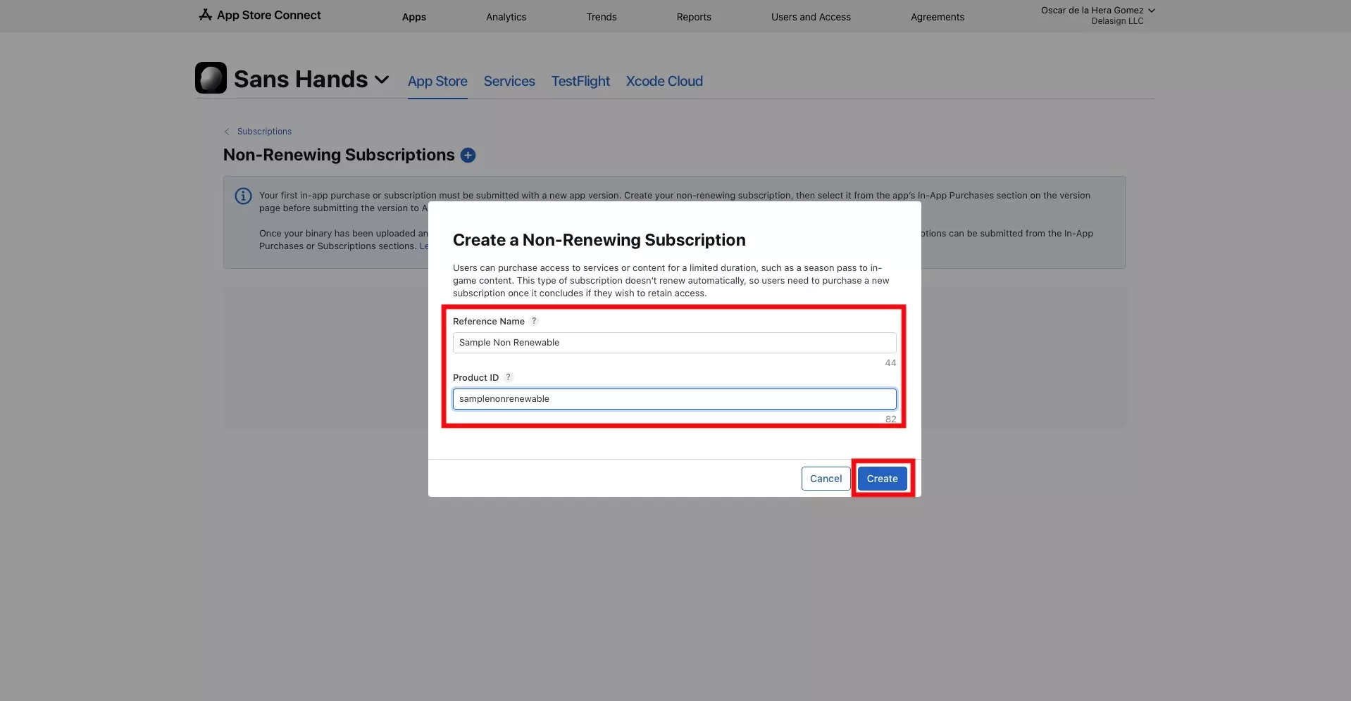 A screenshot of the Create a Non-Renewing Subscription modal. Highlighted is the reference name and product id, as well as the Create button on the bottom right that appears after you have filled in the details.