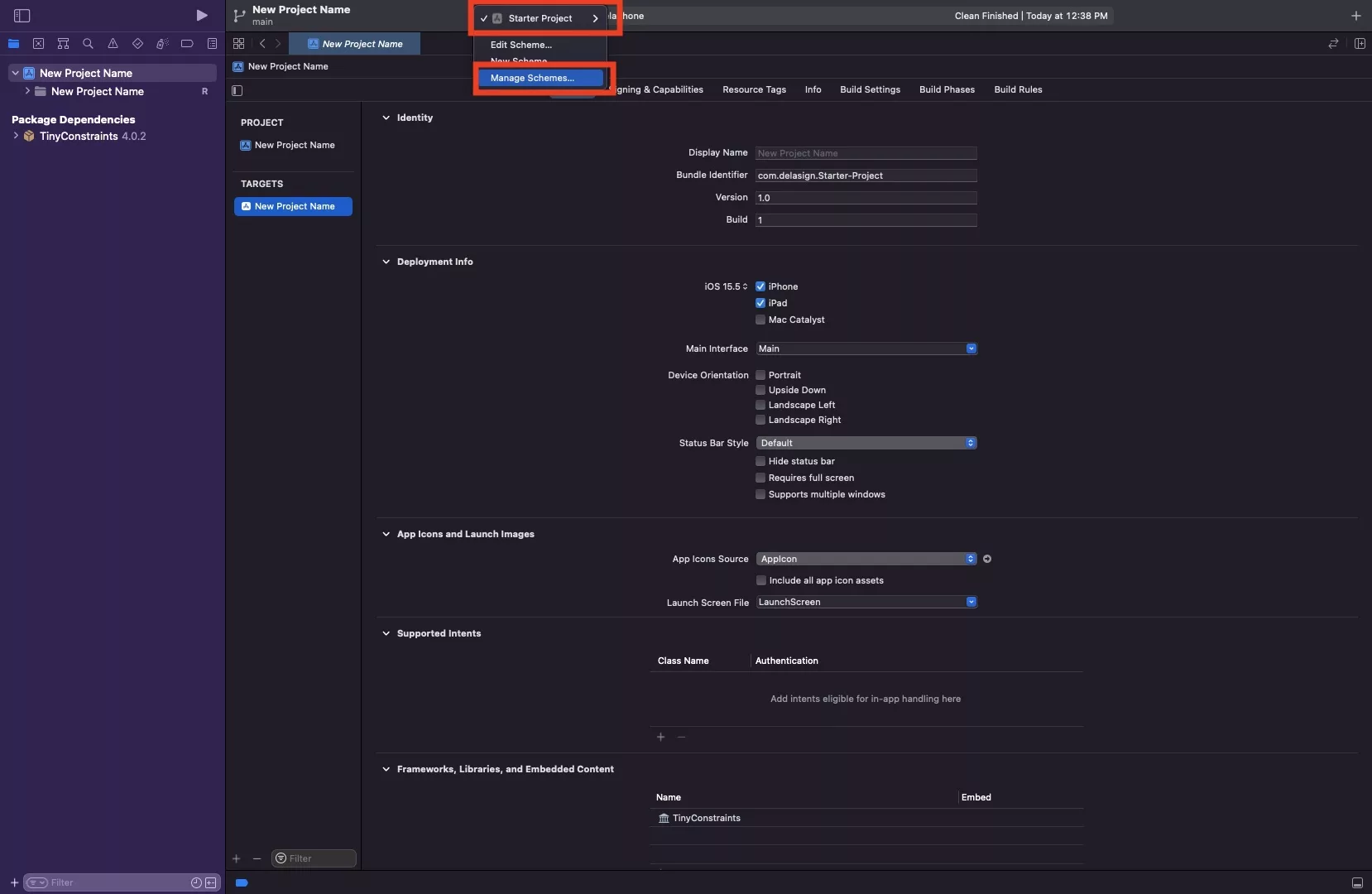 A screenshot showing you how to navigate to manage schemes in Xcode.