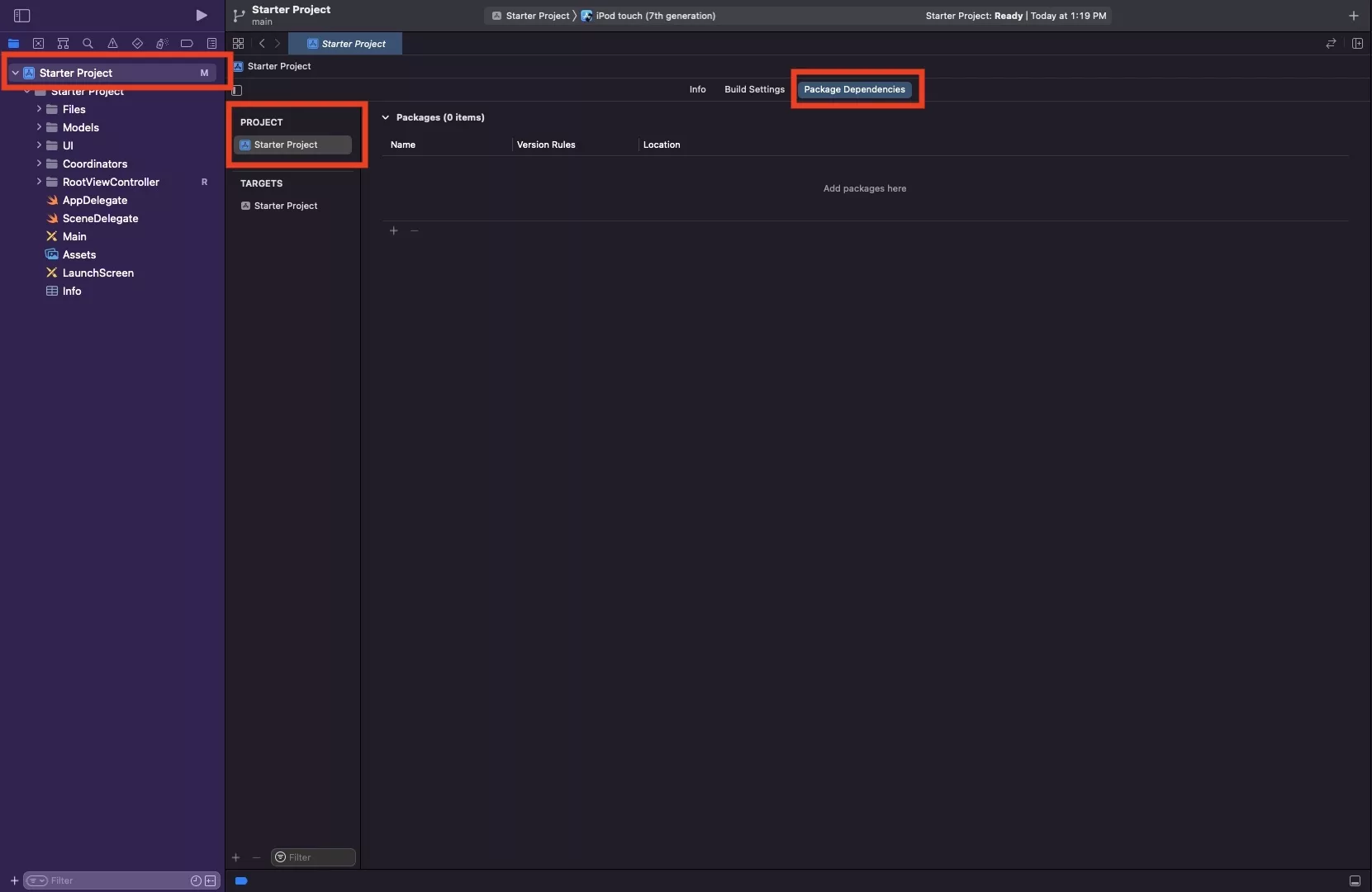A screenshot showing you how to navigate to the Swift Package Manager dependencies.