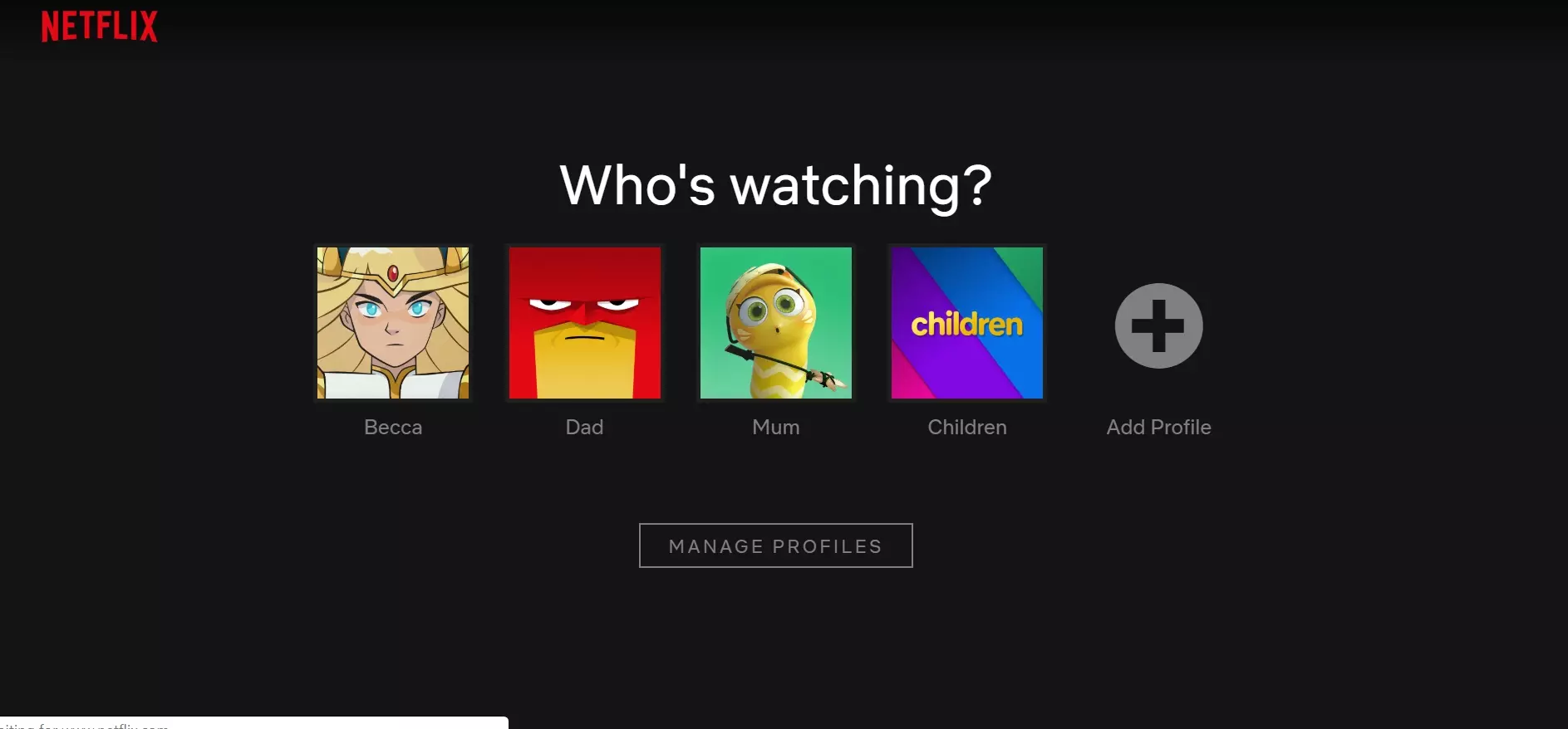 Netflix Account selection showing family members.