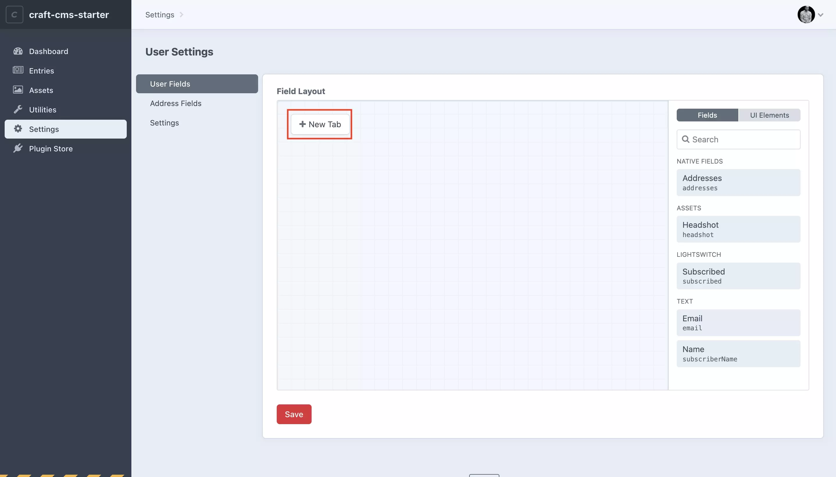 A screenshot of the User Settings Craft CMS page on the User Fields tab. Highlighted is the + New Tab button. Press it and move onto the next step.