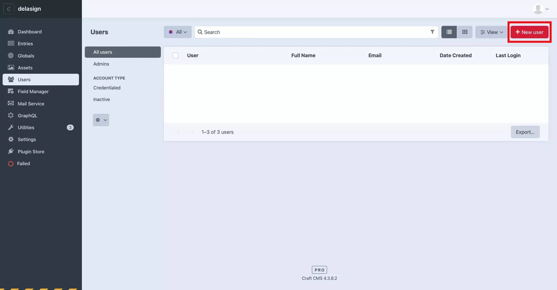 A screenshot of the Craft CMS User page, with a highlight on the + New user button on the top right.