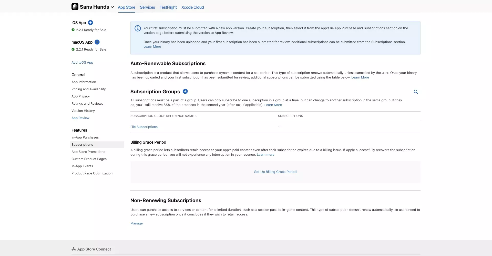 A screenshot of App Store Connect Subscriptions page, showing that the Billing Grace Period was turned off.
