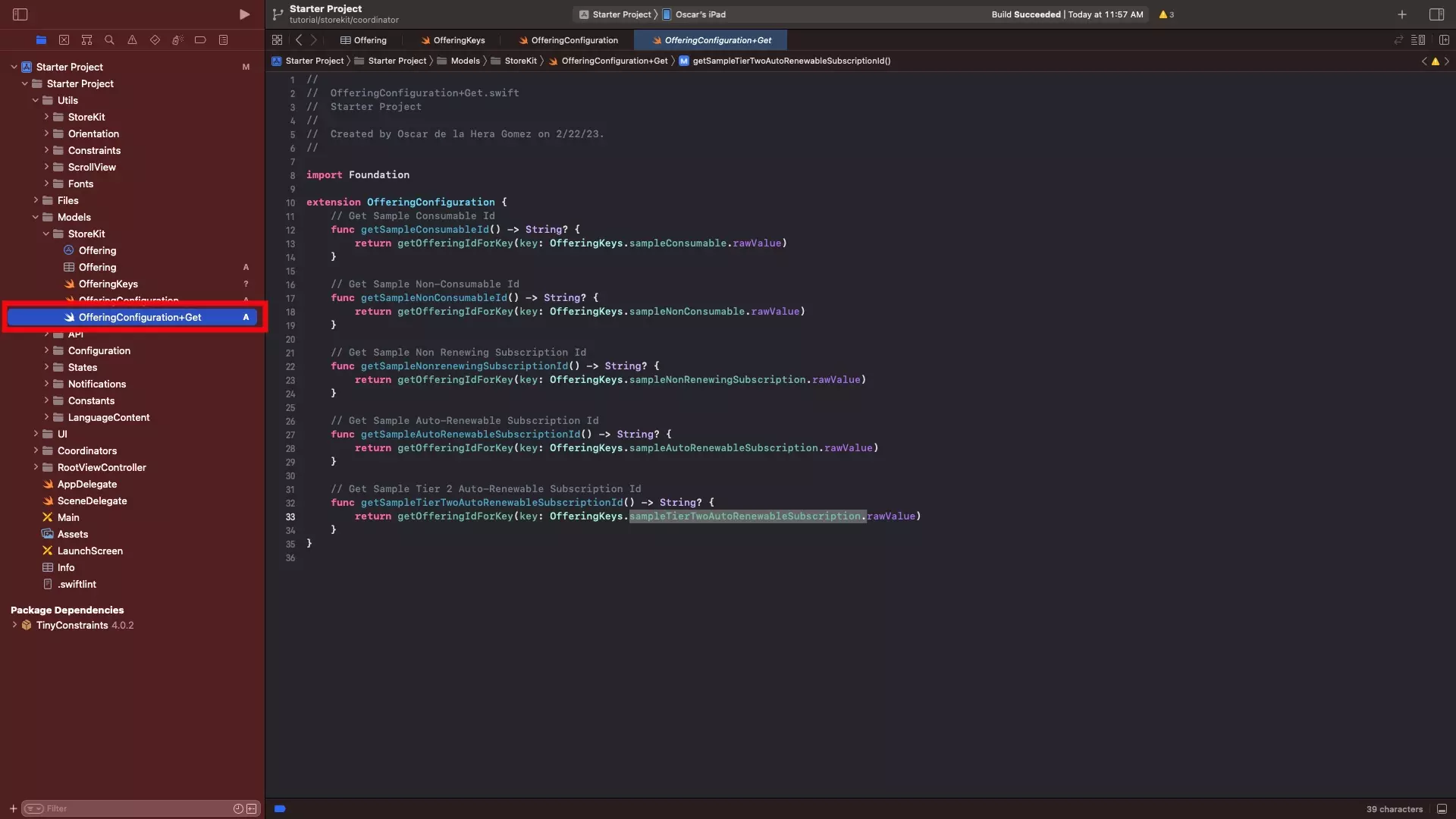 A screenshot of XCode with the OfferingConfiguration+Get.swift highlighted and selected, showing the code available below.