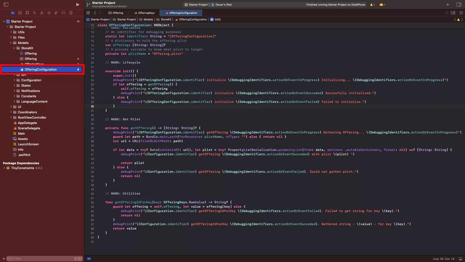 A screenshot of XCode with the OfferingConfiguration.swift highlighted and selected, showing the code available below.