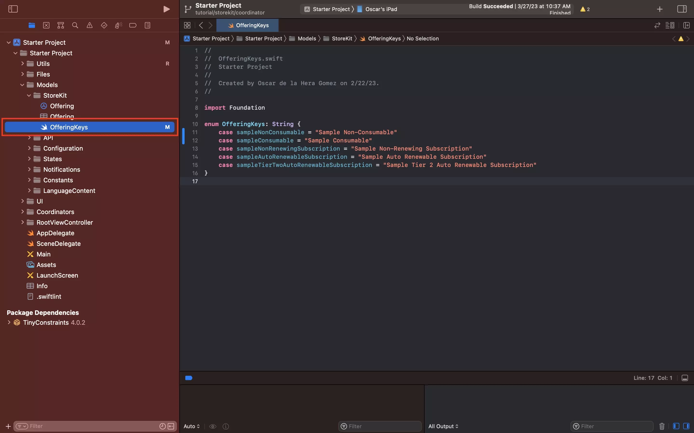 A screenshot of XCode with the OfferingKeys.swift highlighted and showing the code available below.