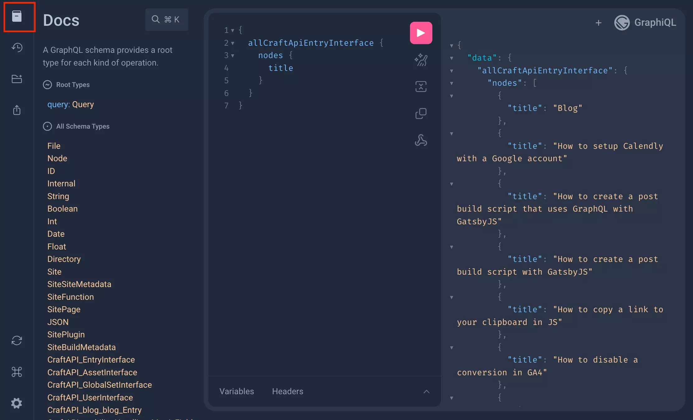 A screenshot of the Gatsby GraphiQL showing you how to open the documentation. The button that opens the documentation is highlighted on the top left and has the icon of a book.