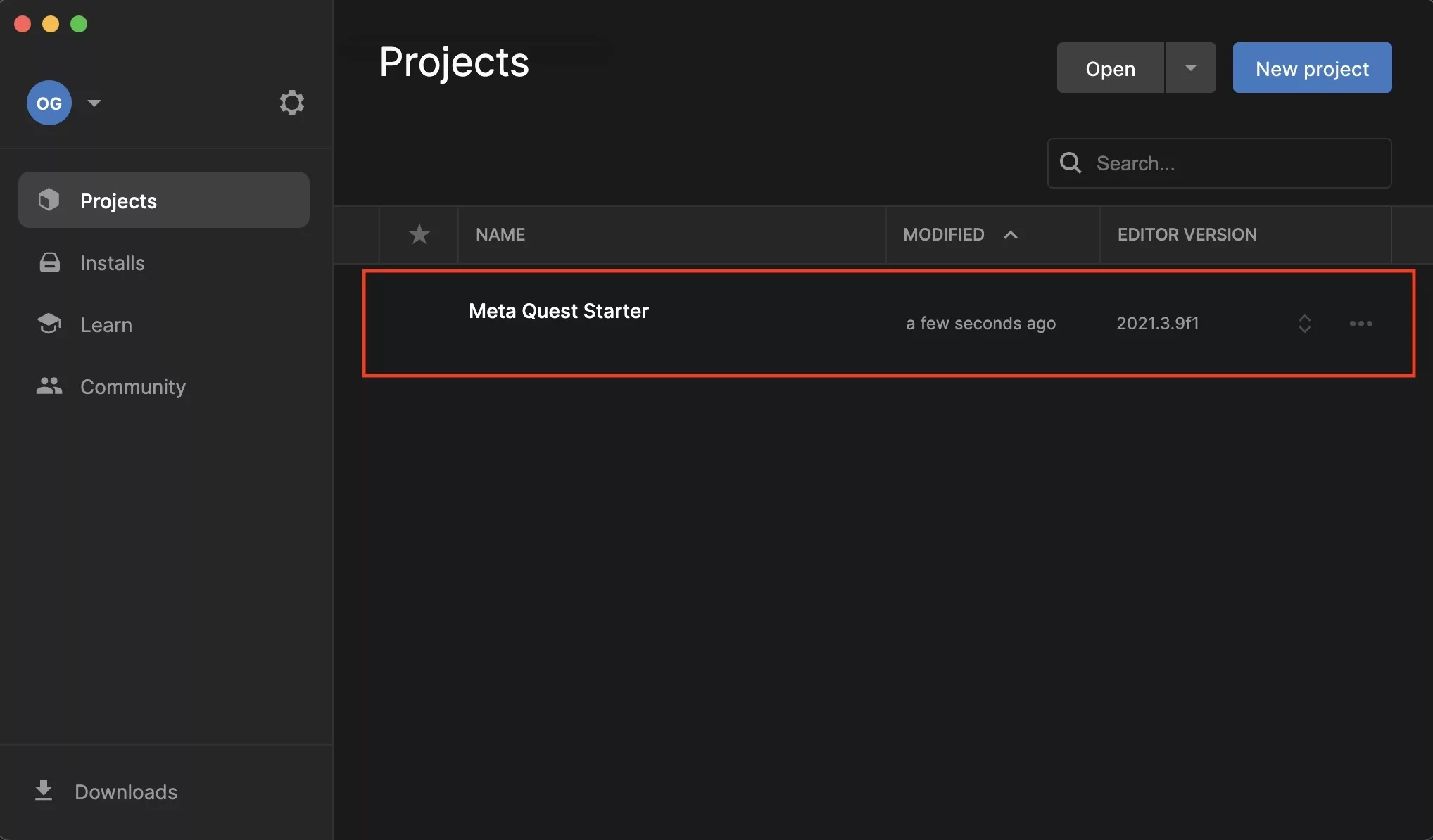 A screenshot of the Unity Hub with our starter project highlighted.