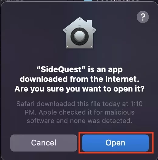 A screenshot of the window that appears on a Mac when you first try to open SideQuest.