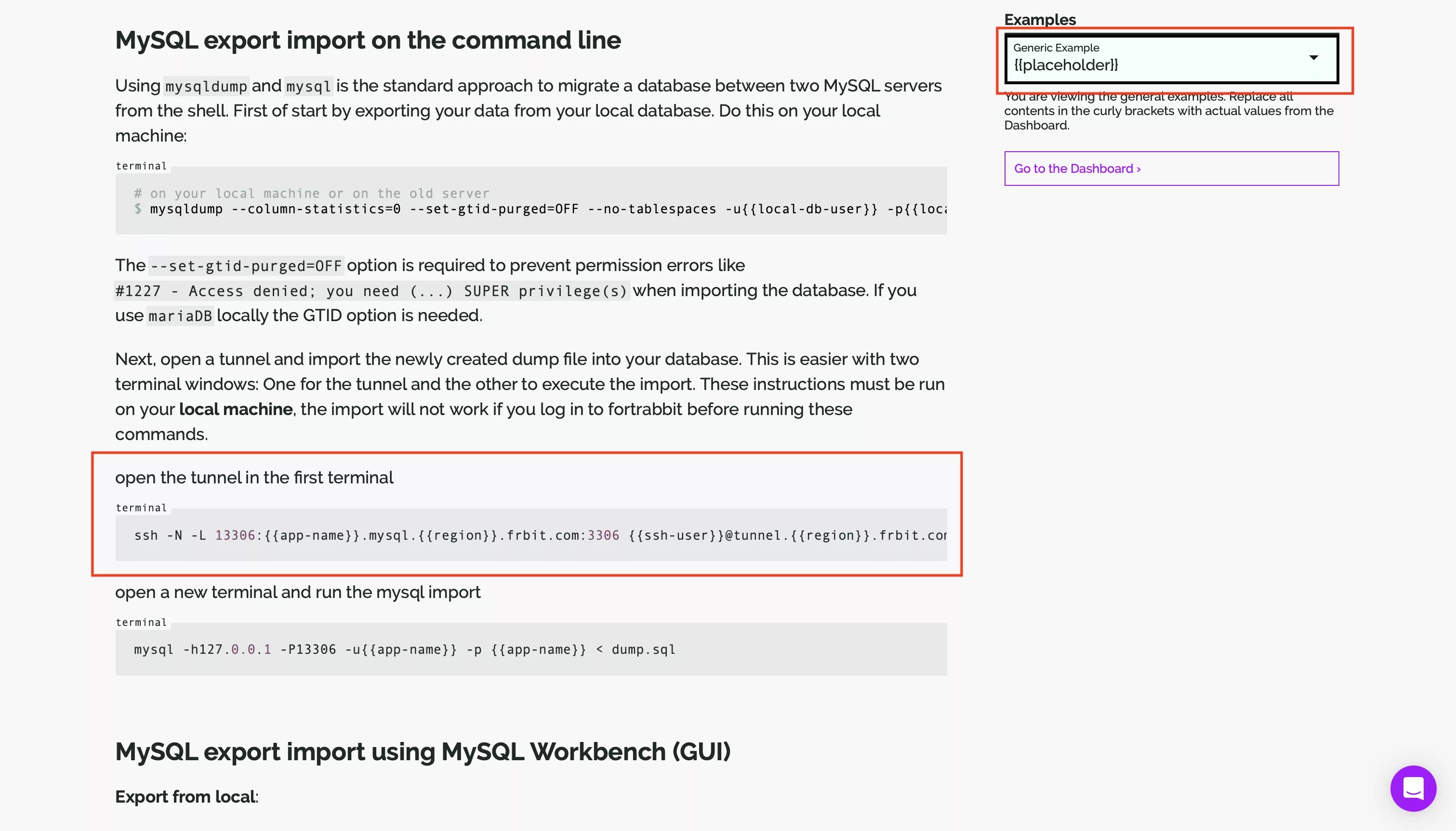 A screenshot of the Fortrabbit documentation showing you how to open a tunnel.
