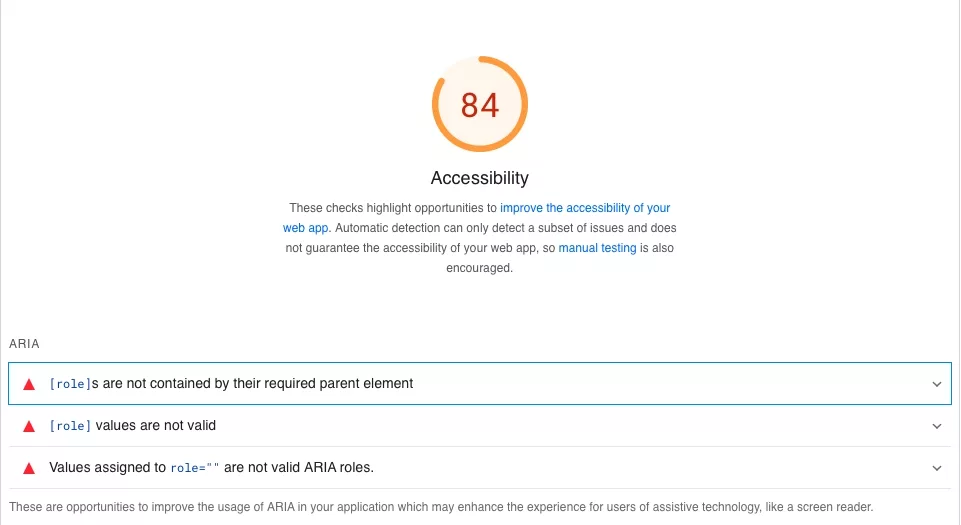 A screenshot of PageSpeed Insights showing that we were not using the WAI ARIA roles correctly.