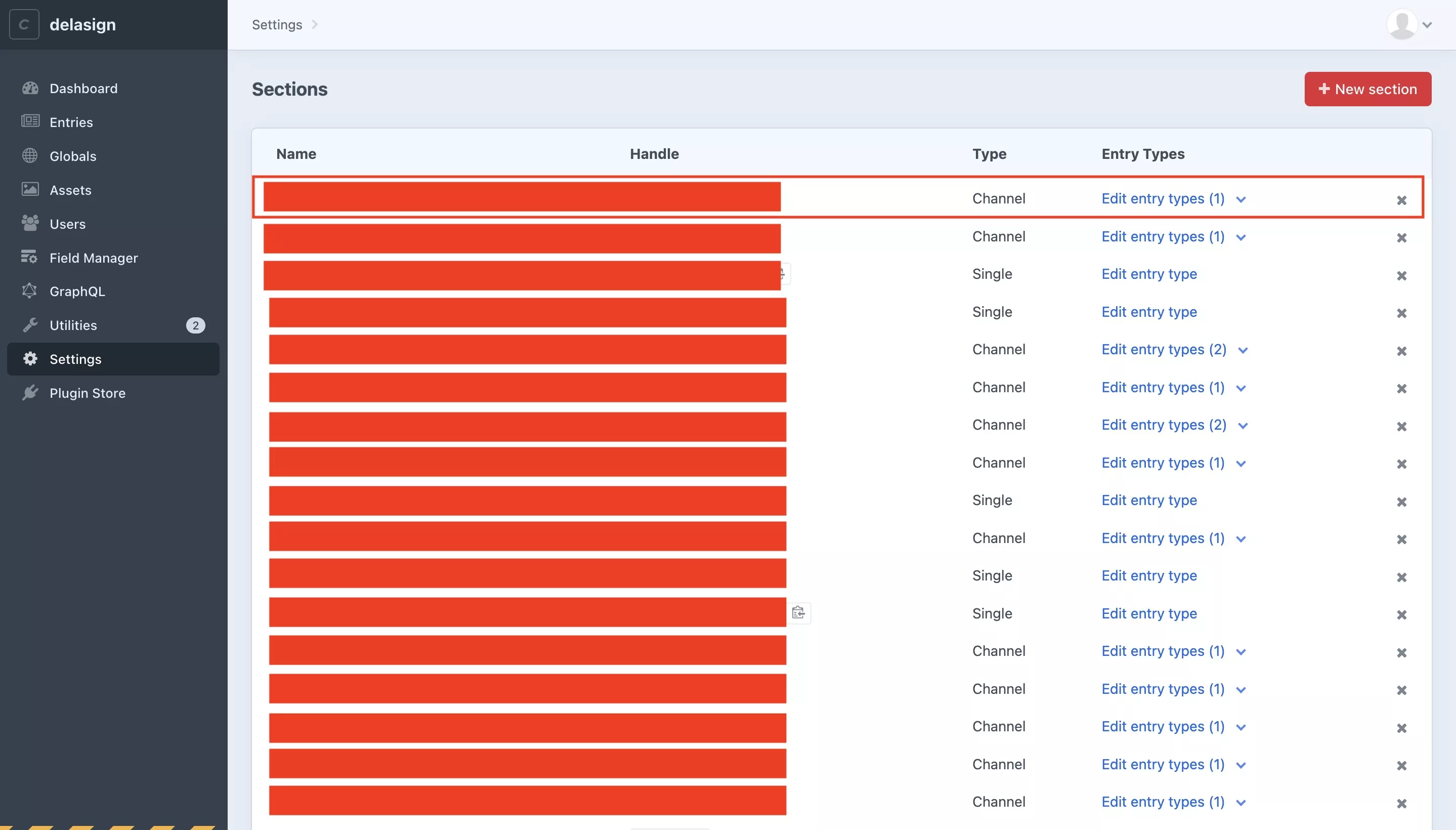 A screenshot of the Craft CMS Sections page, with a highlight on a channel to demonstrate how you can select a Channel.