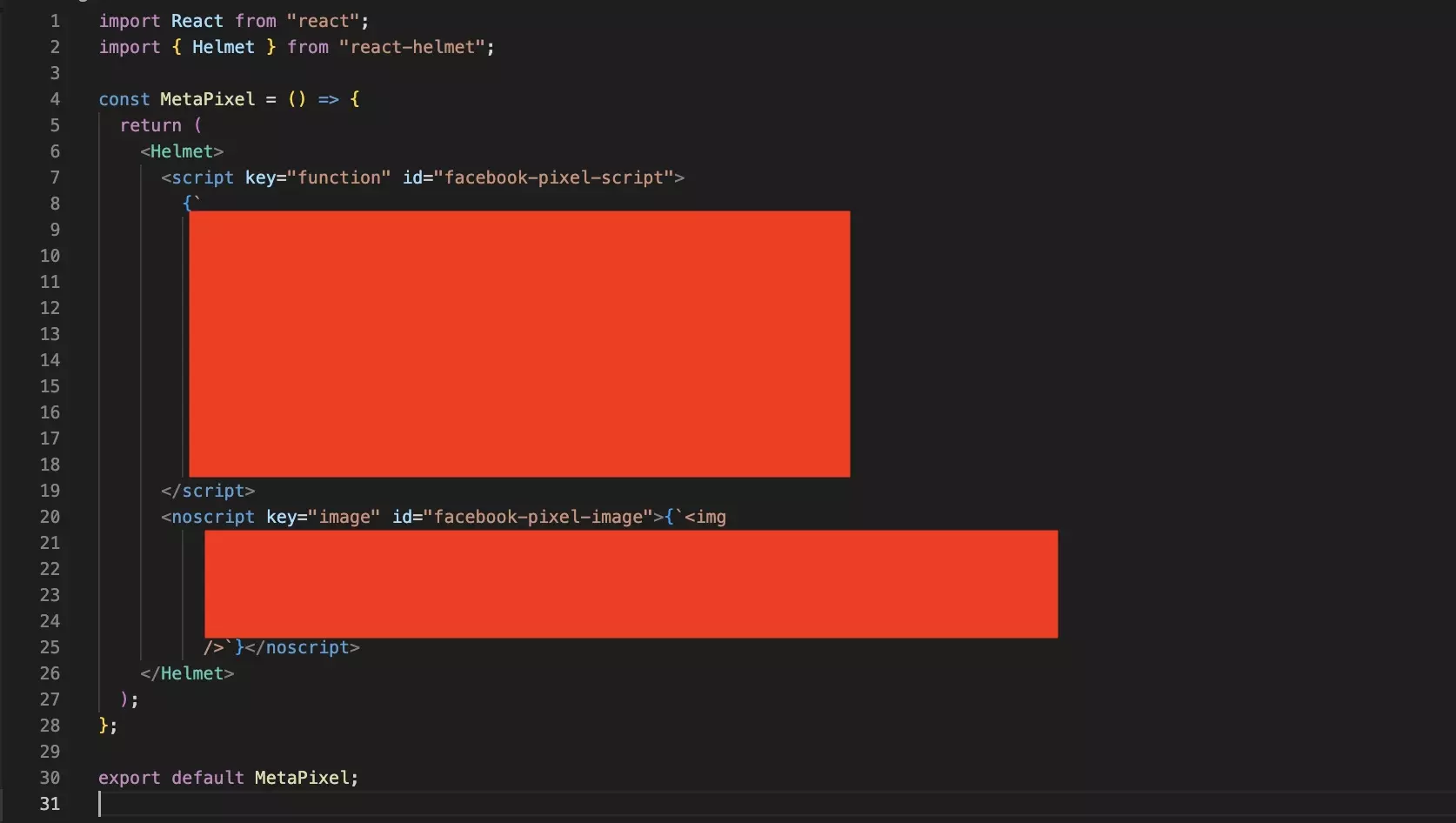 A screenshot of VSCode showing the code required to integrate the Facebook Pixel into a react or gatsbyjs website.