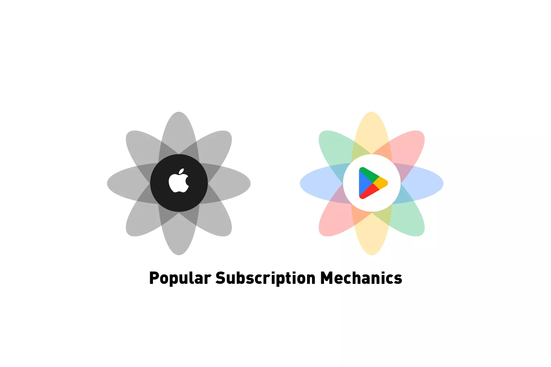 Two flowers that represent Apple and the Google Play Store. Beneath them sits the text "Popular Subscription Mechanics."