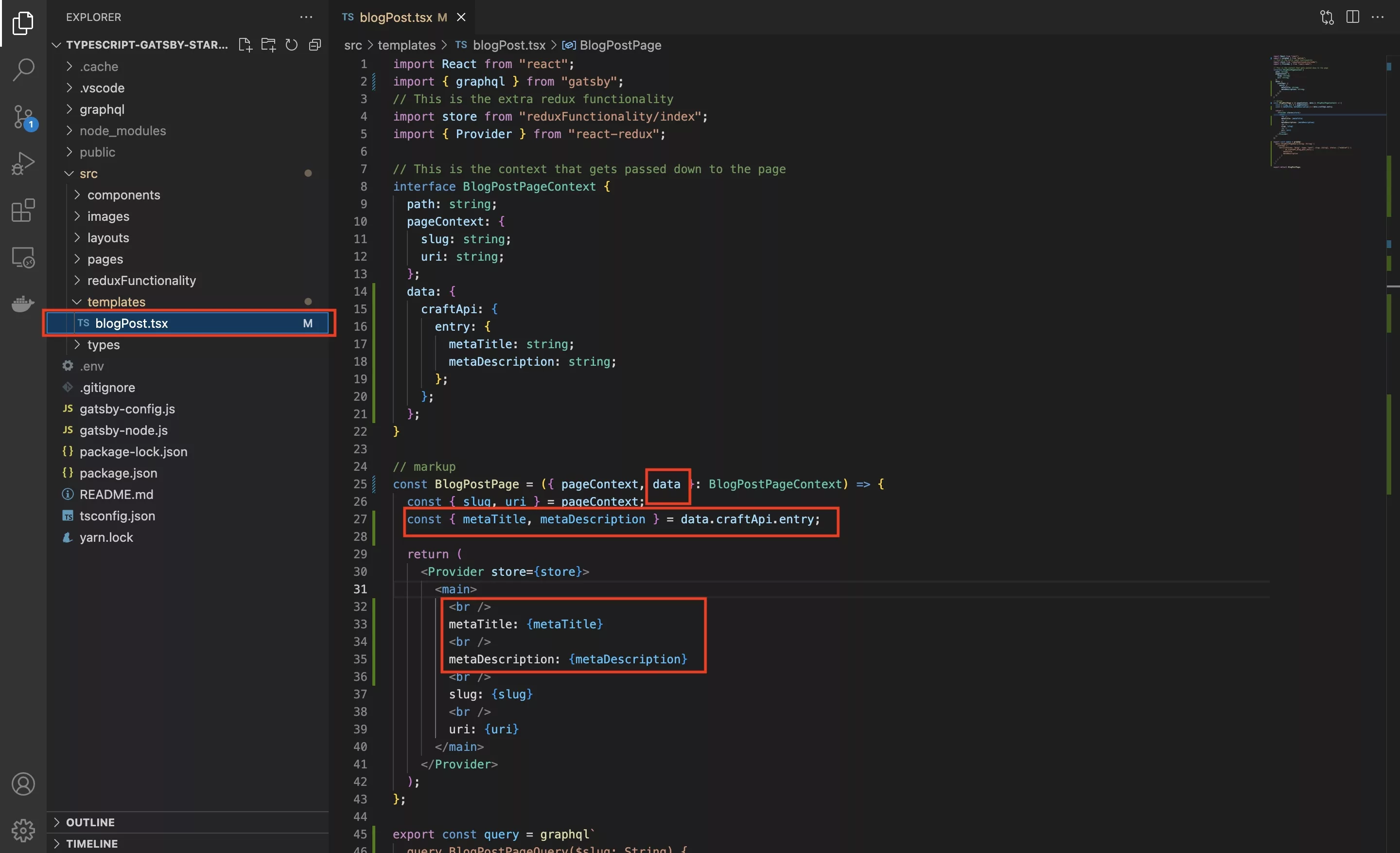 A screenshot of VSCode showing how we added data to the props and page in order to verify the results.