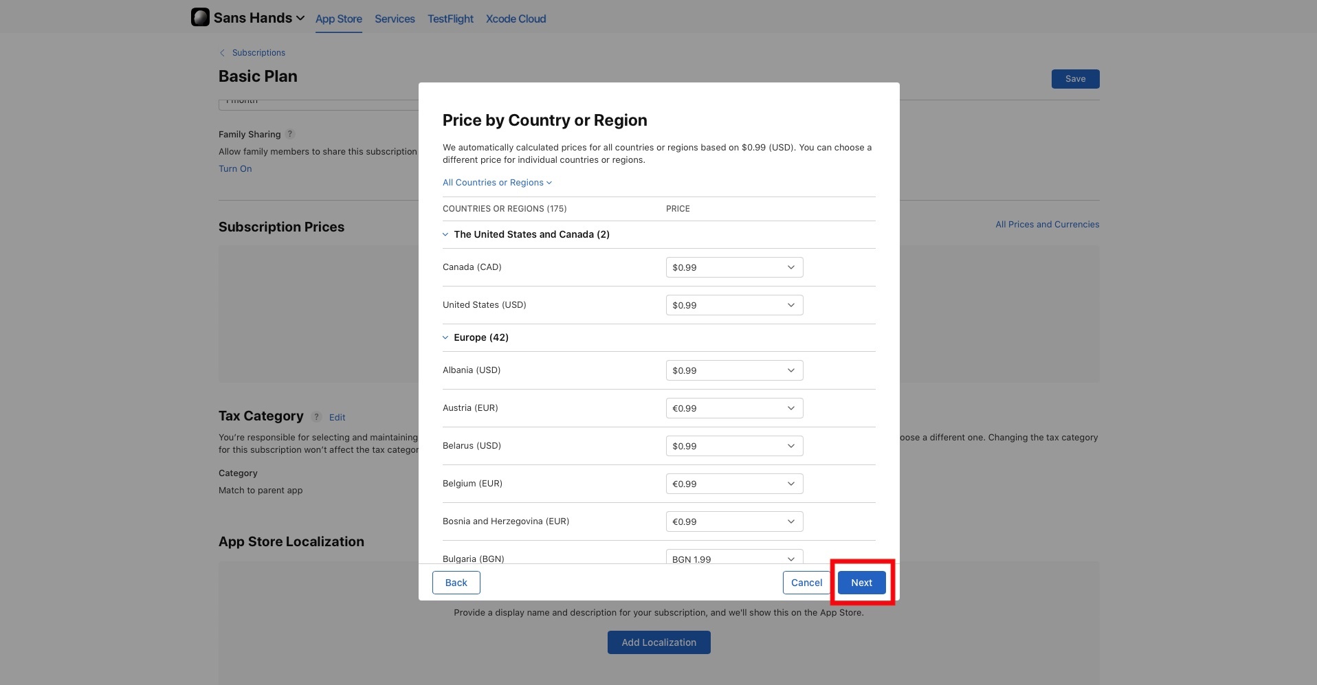 A screenshot of the Price by Country or Region modal that appears when you press next. It demonstrates that you can edit the prices of the subscription depending on the local. Once you have made any necessary changes, press the Next button that we have highlighted on the bottom right.
