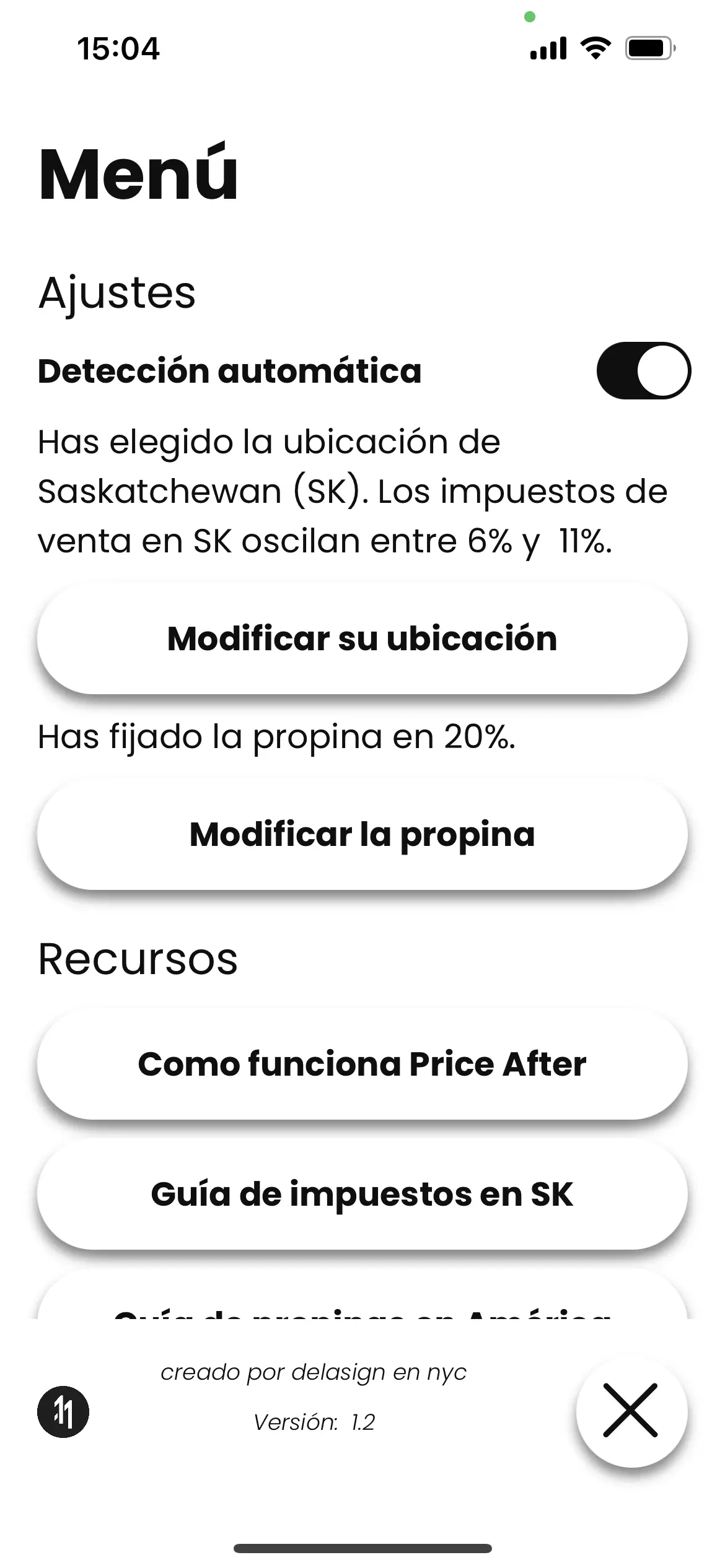 A screenshot of the Price After app, on the menu screen showing the app working in Spanish.