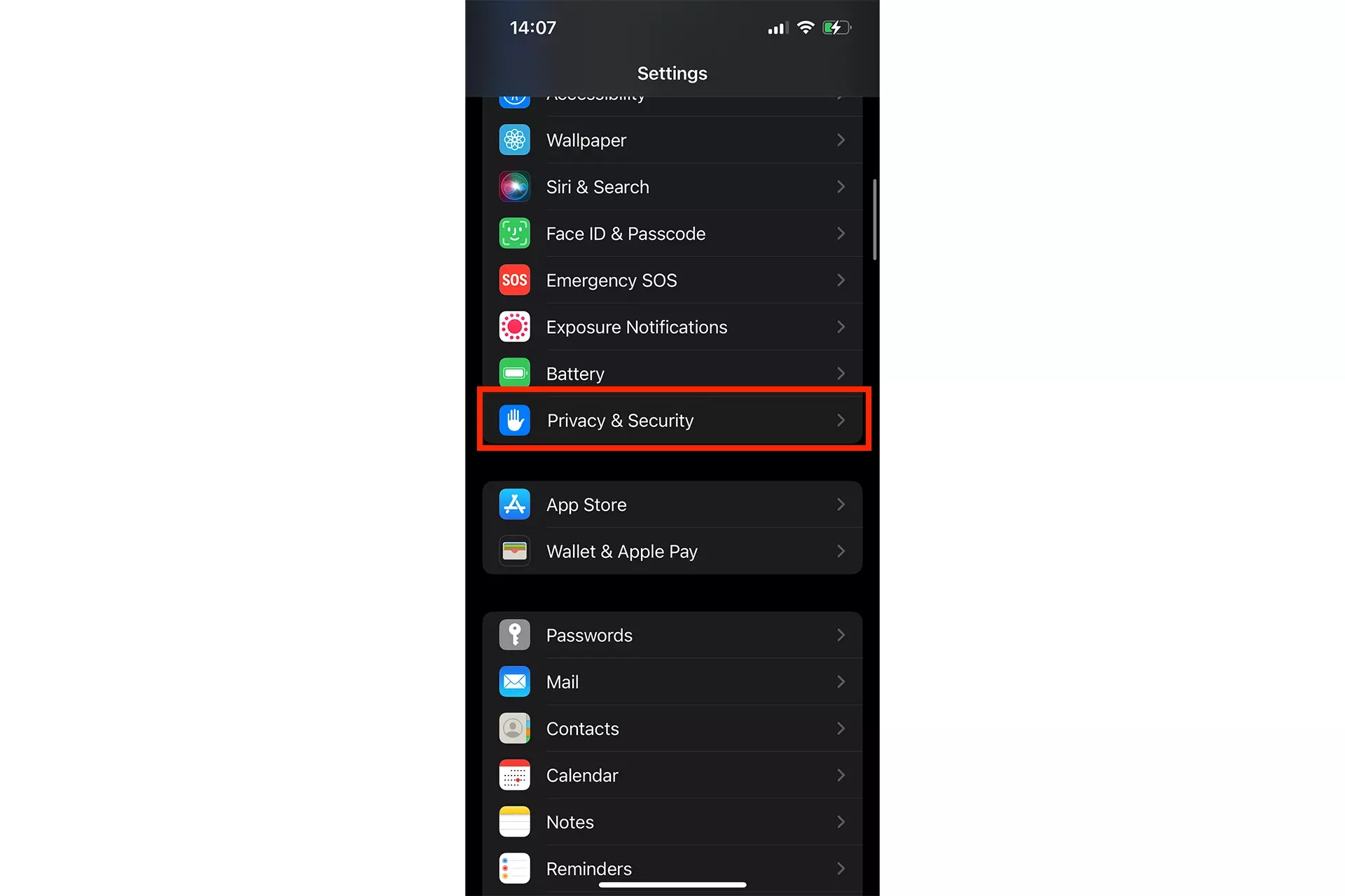 A screenshot of the settings app on iPhone, with a highlight on the Privacy & Security menu option.