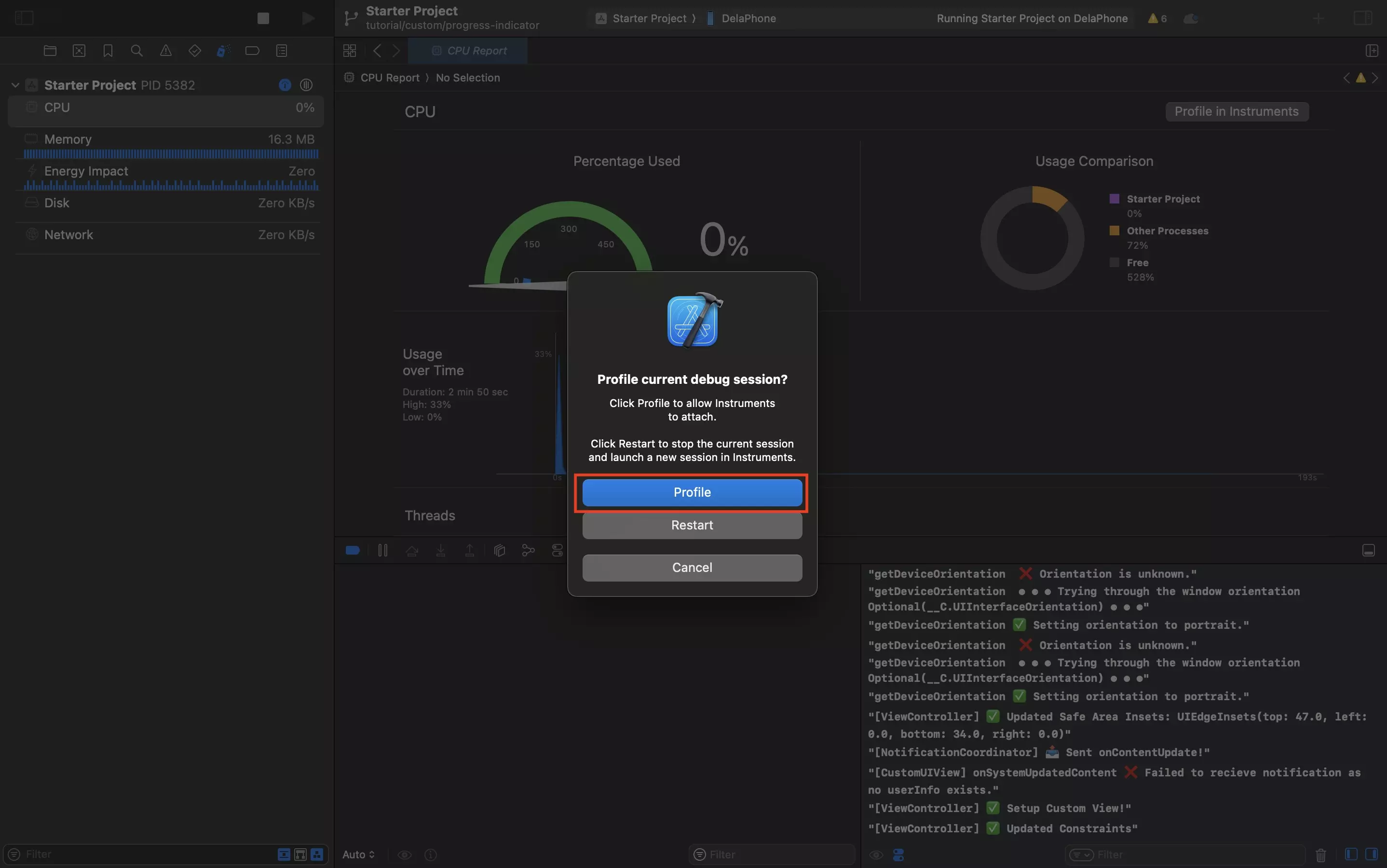 A screenshot of Xcode showing the pop up that appears when you attempt to profile cpu in instruments. Click Profile.