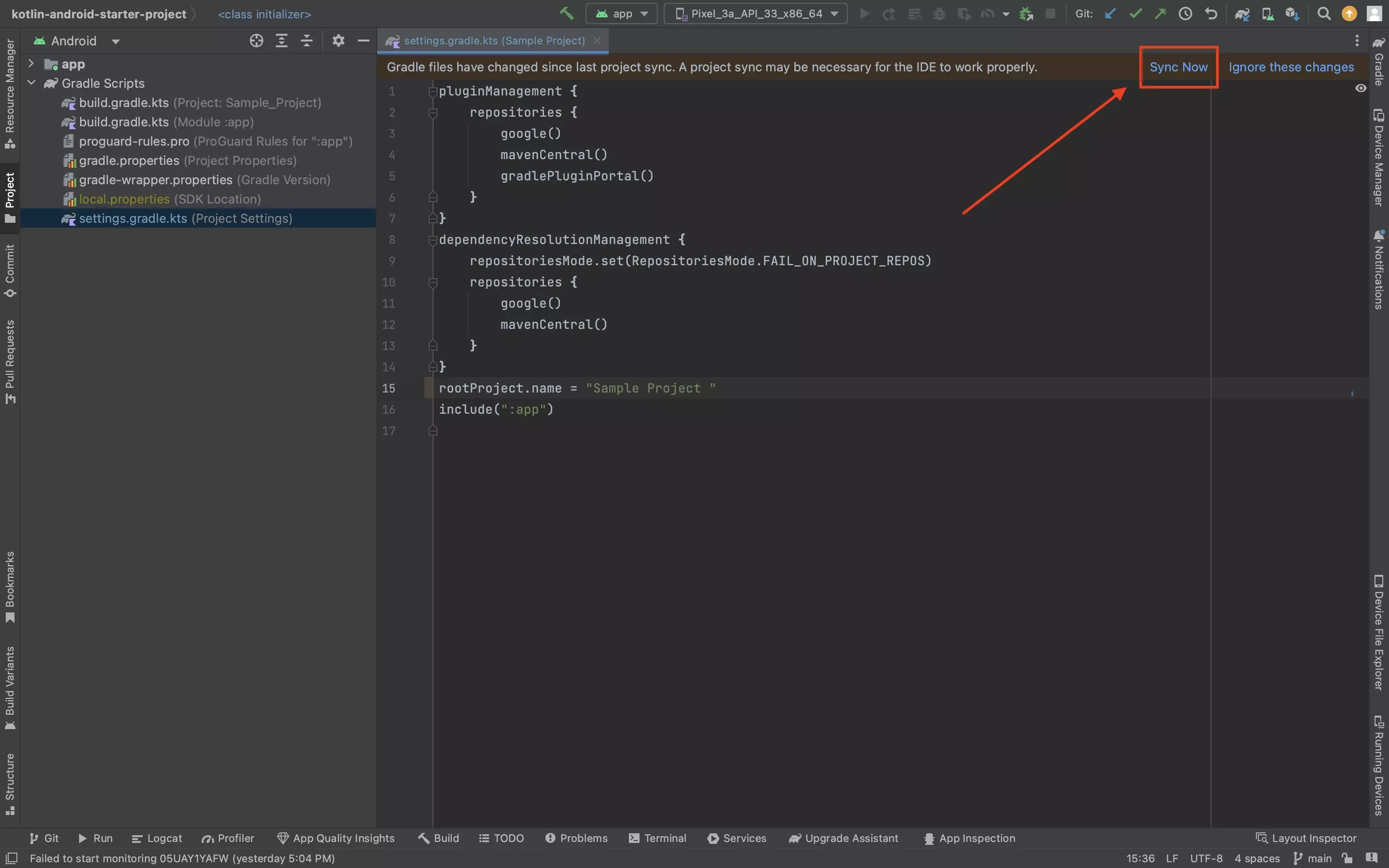 A screenshot of Android Studio showing a gradle file that has recently been modified. Highlighted is the "Sync Now" button that appears on the right of the prompt at the top of the Gradle file. Click this button to sync the gradle files with the project.