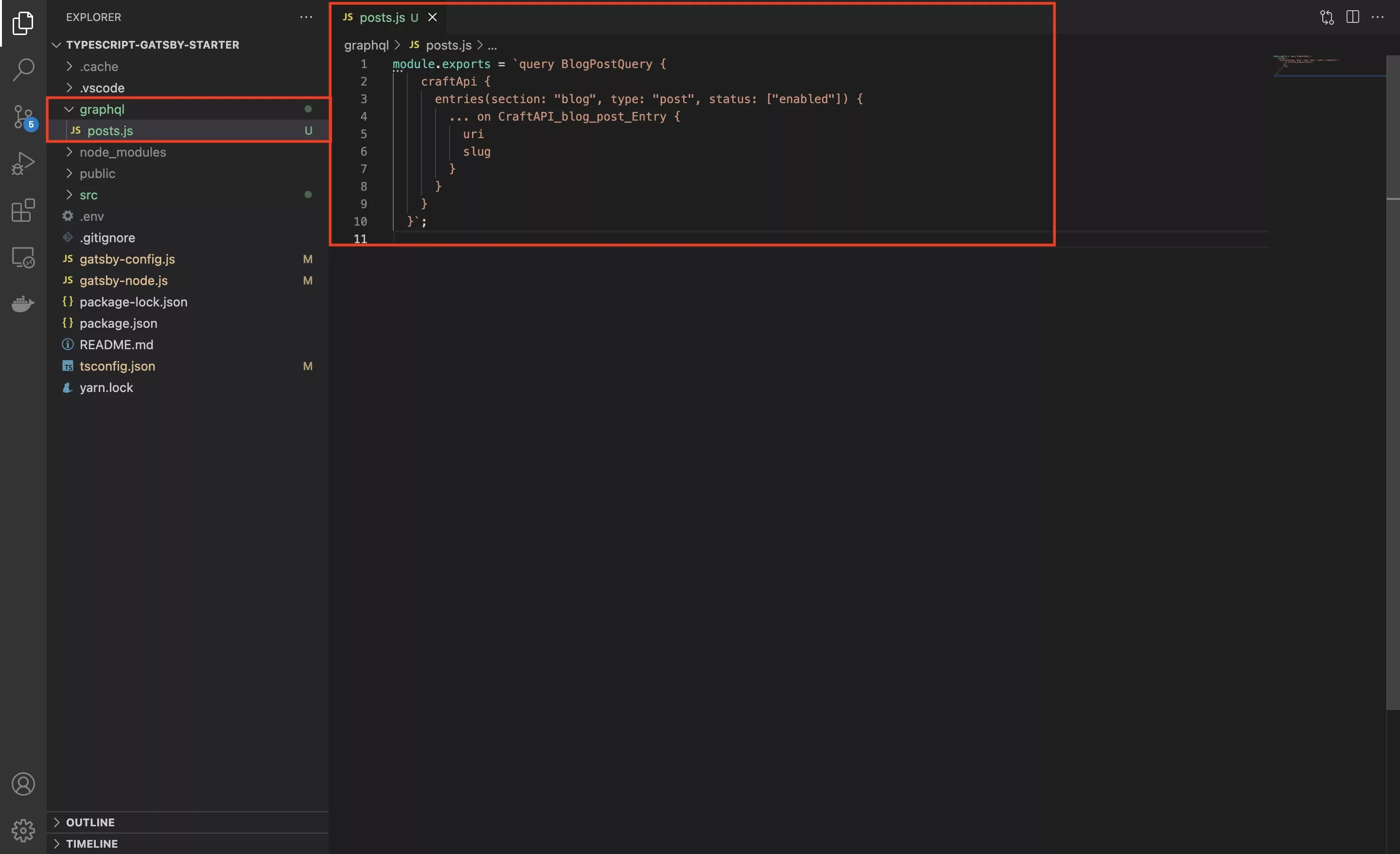 A screenshot of VSCode with the GraphQL query and its location within the directory.