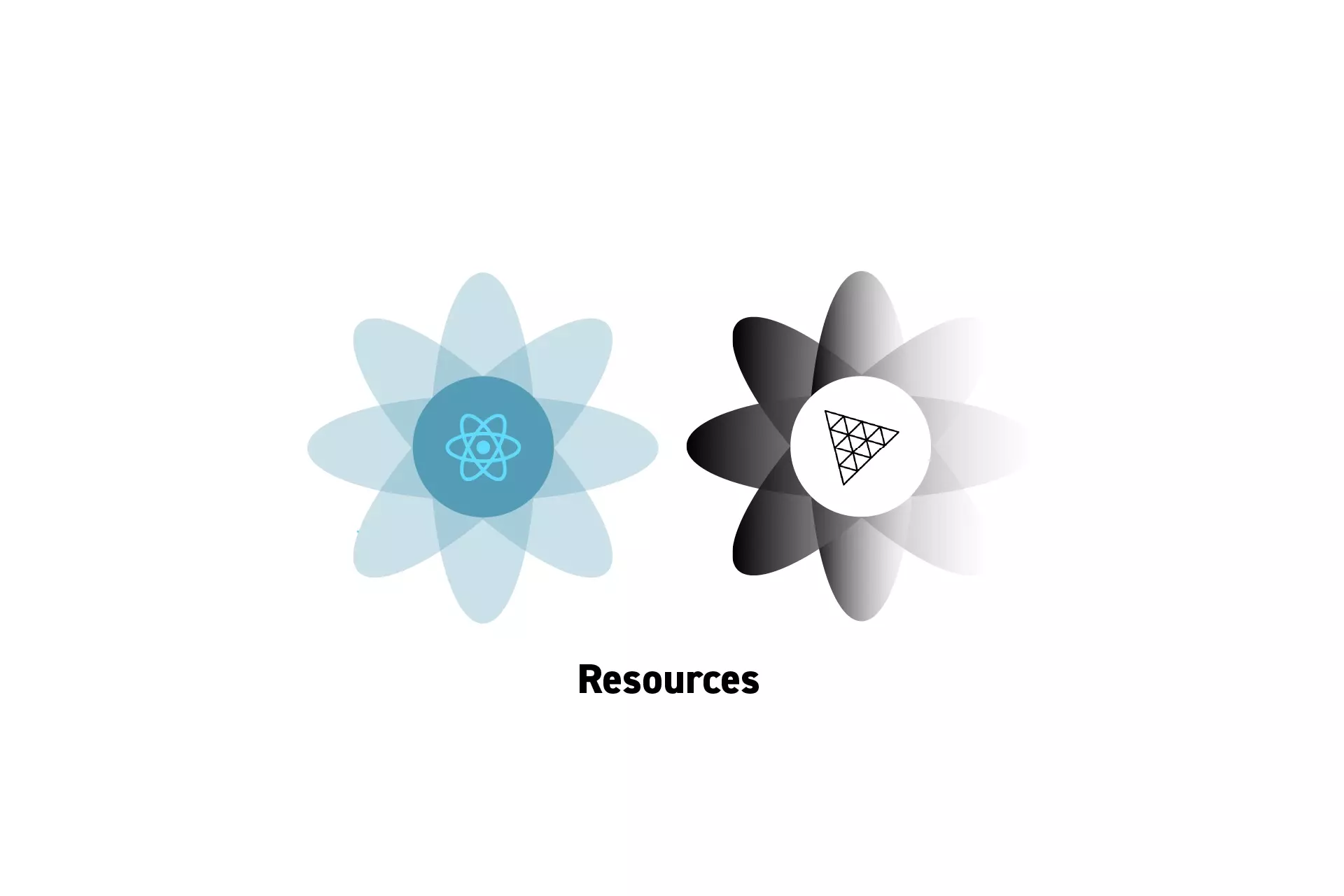 Two flowers that represent ReactJS &amp; ThreeJS with the text "Resources" beneath them.<br />