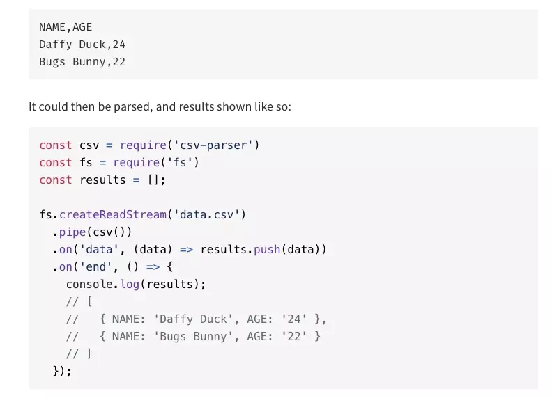A screenshot of the csv-parser library showing you how the results of the function above become available.