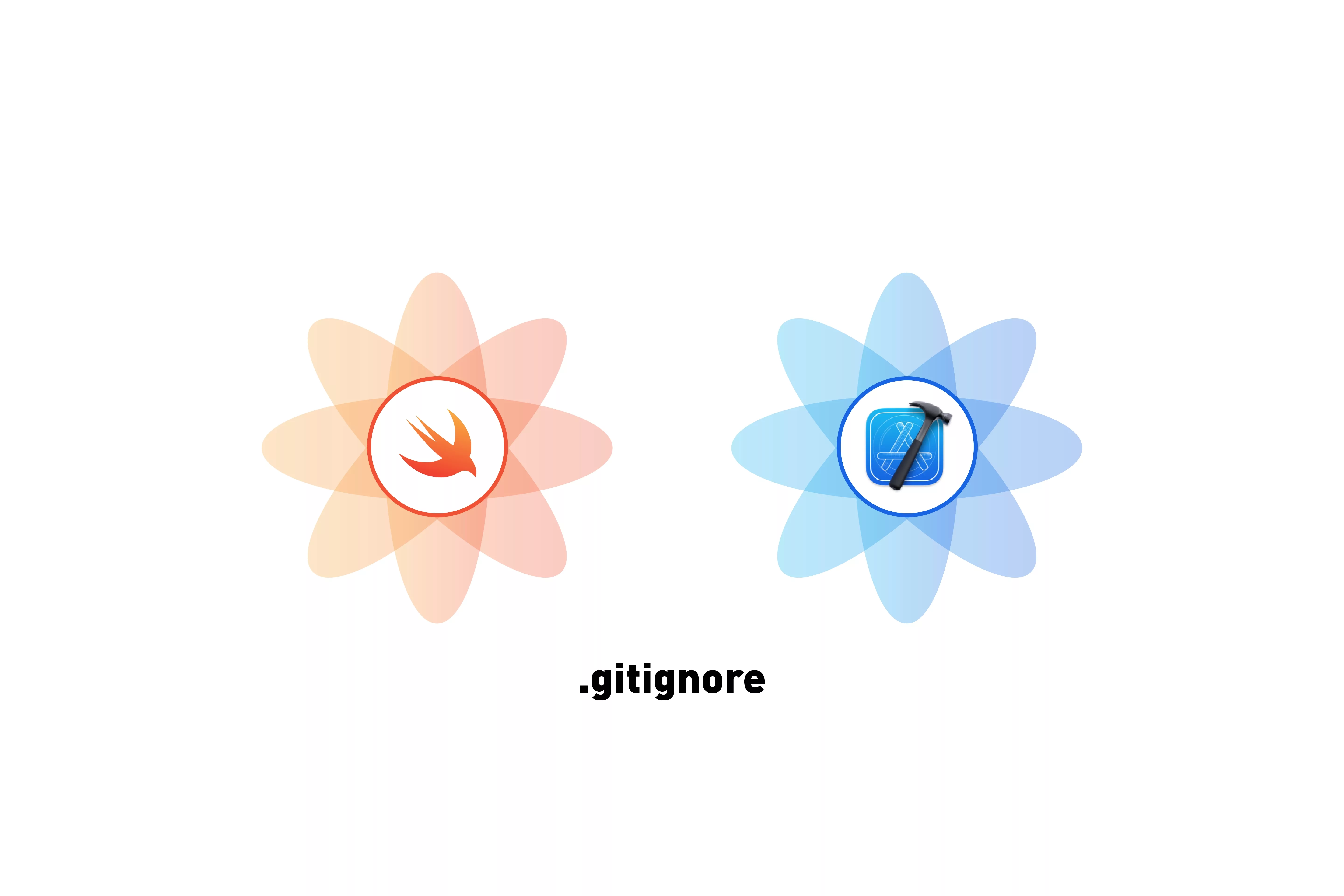 A flower that represents Swift next to a Flower that represents Xcode. Below it sits the word ".gitignore"